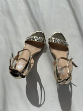 Load image into Gallery viewer, Open toe black gold &amp; rhinestones kitten heels (36)