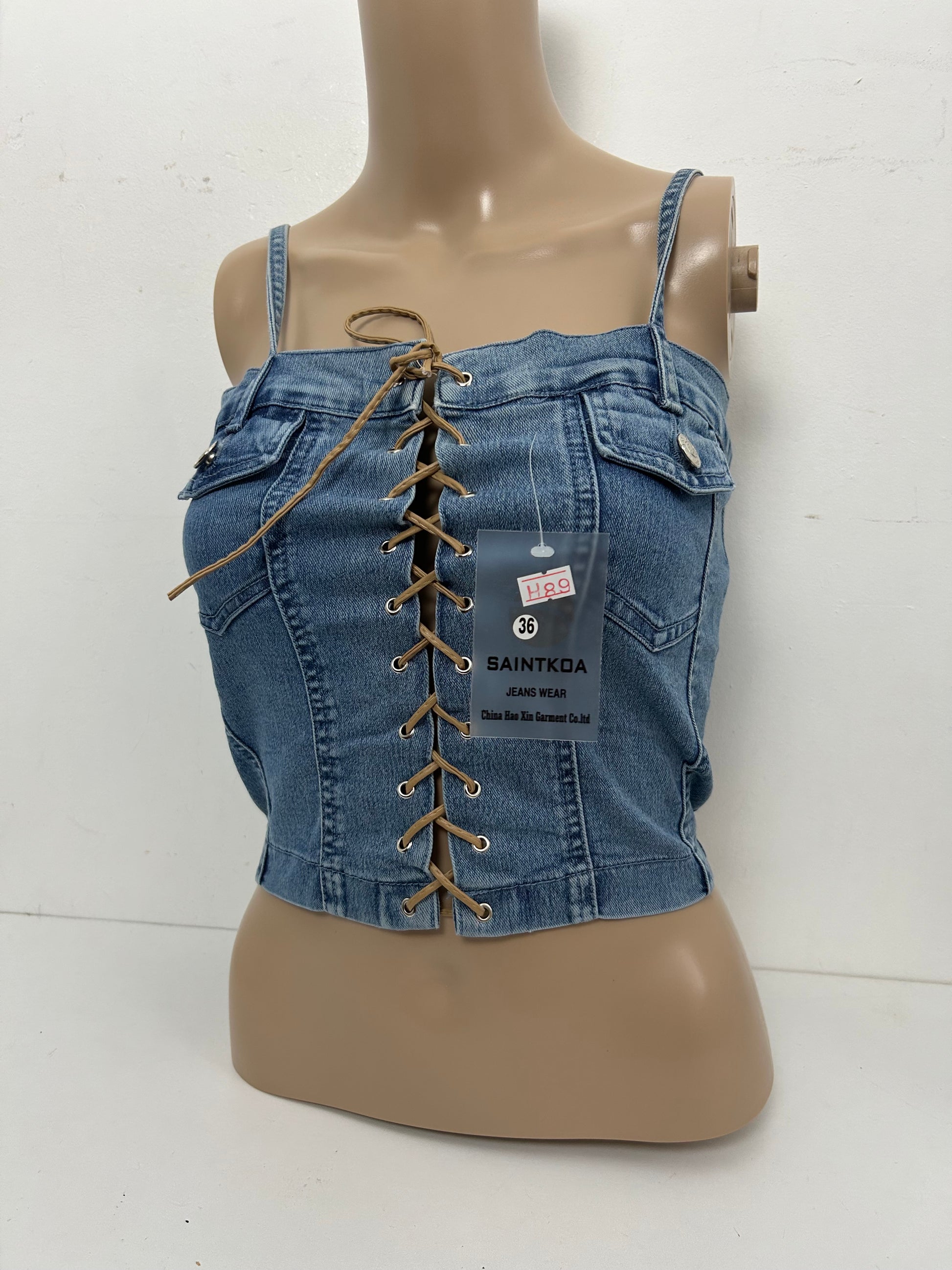 Denim blue lace up stretchy cami corset top