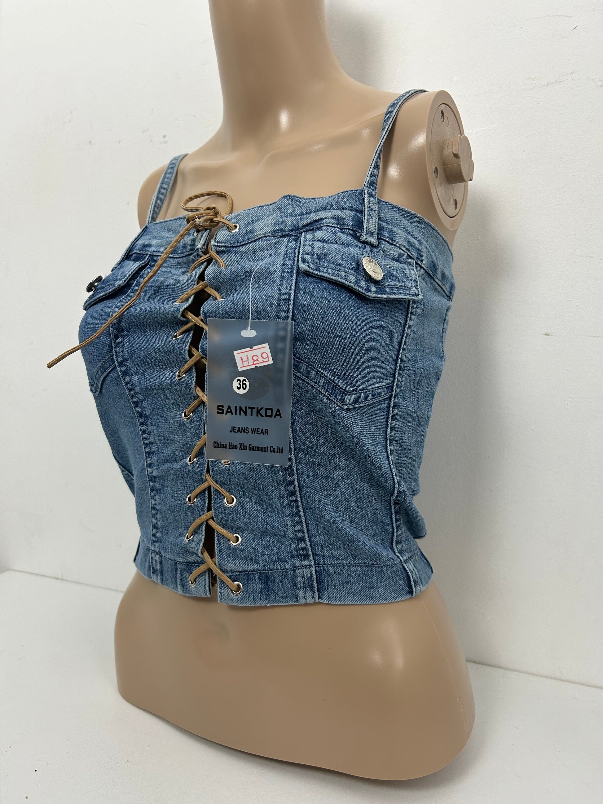 Denim blue lace up stretchy cami corset top