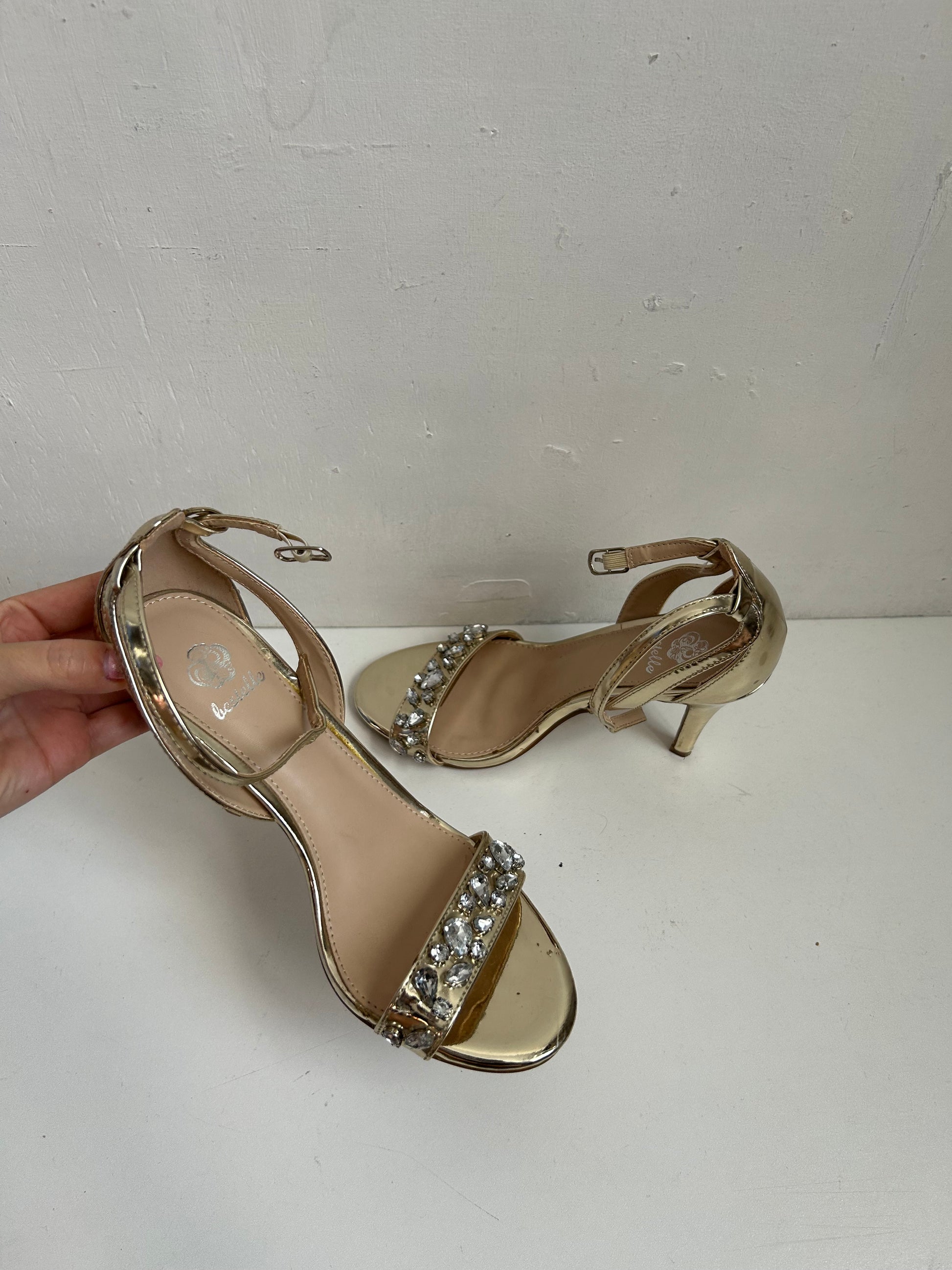 Open toe black gold & rhinestones kitten heels (36)