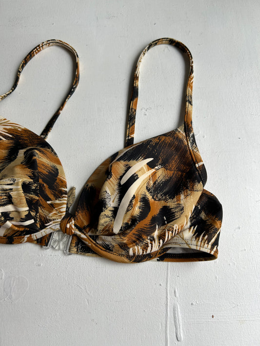 Brown animal print padded adjustable y2k vintage bikini top (M)