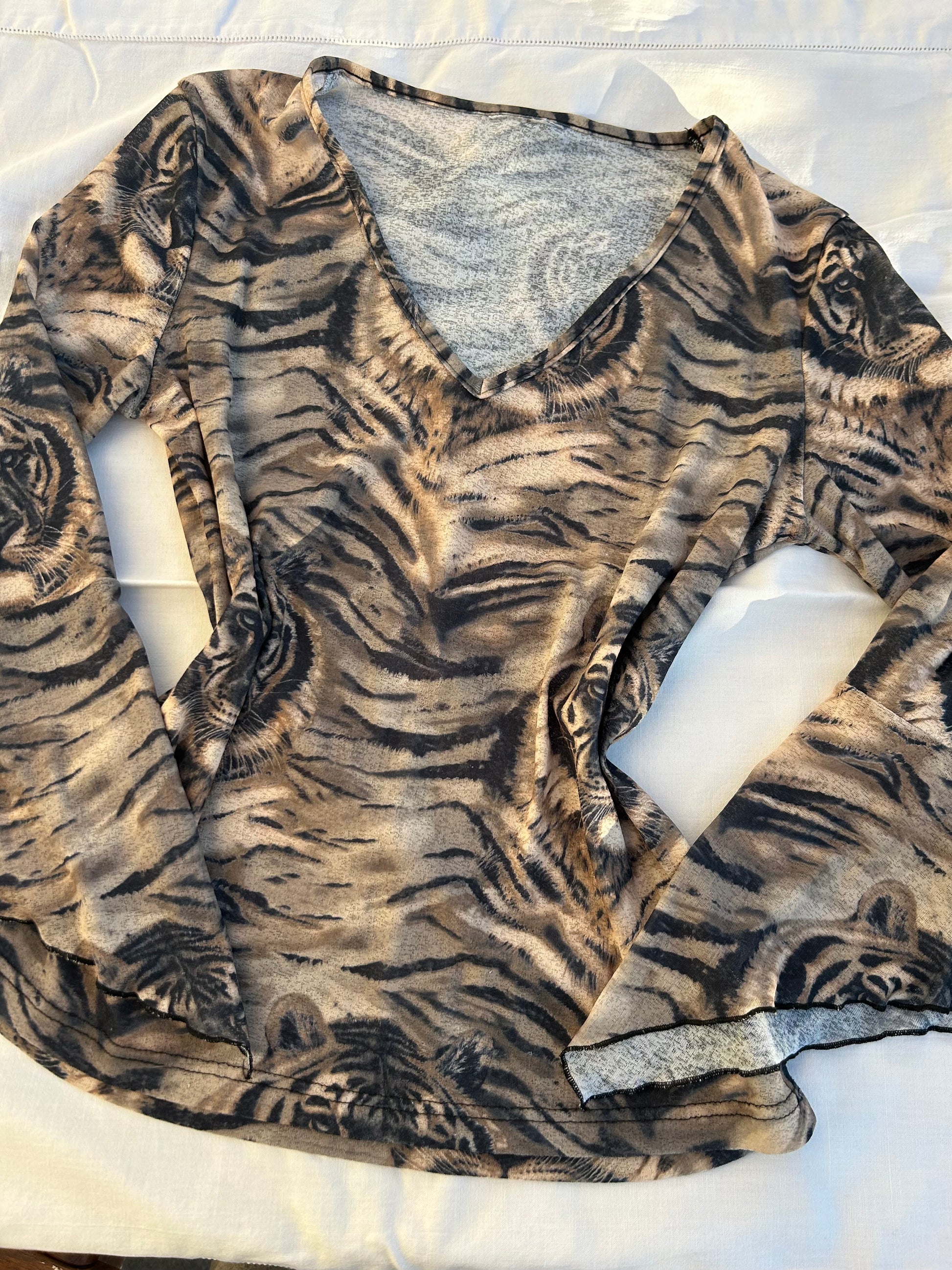 Khaki tiger animal print stretchy flared long sleeves top (S/M)