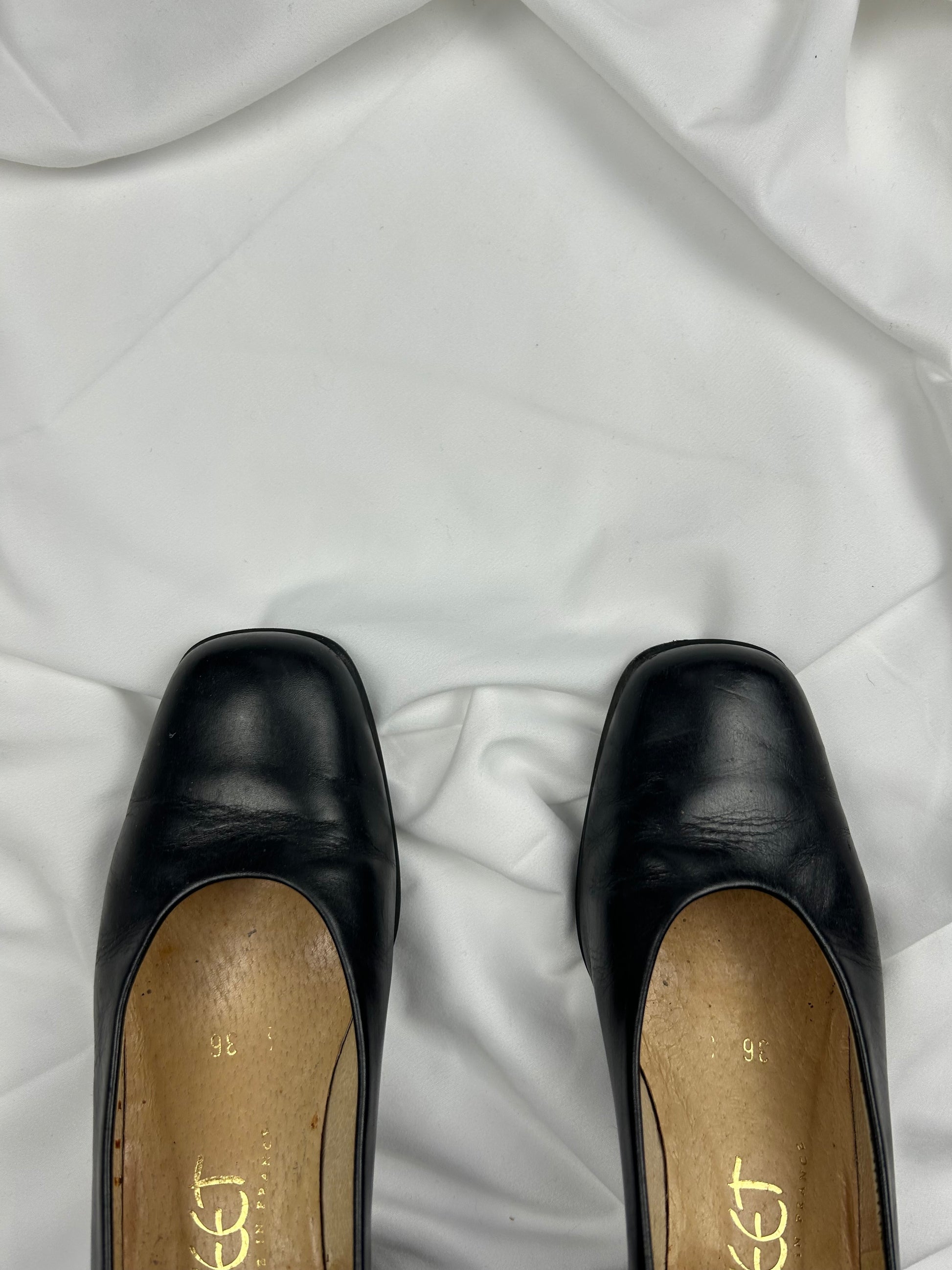 Black real leather square toes shoes (36)