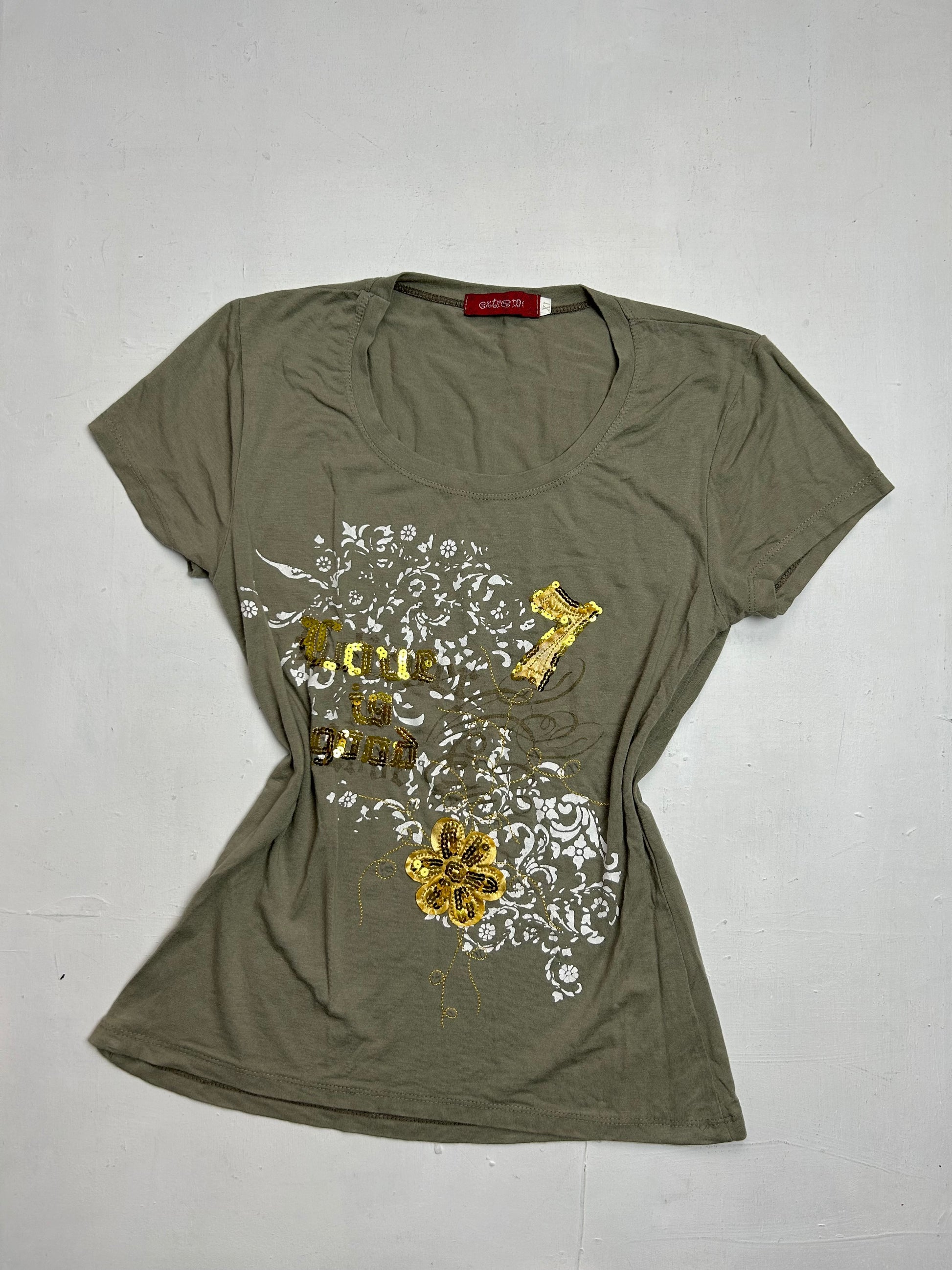 Khaki graphic print sequins stretchy tee  (S/M)