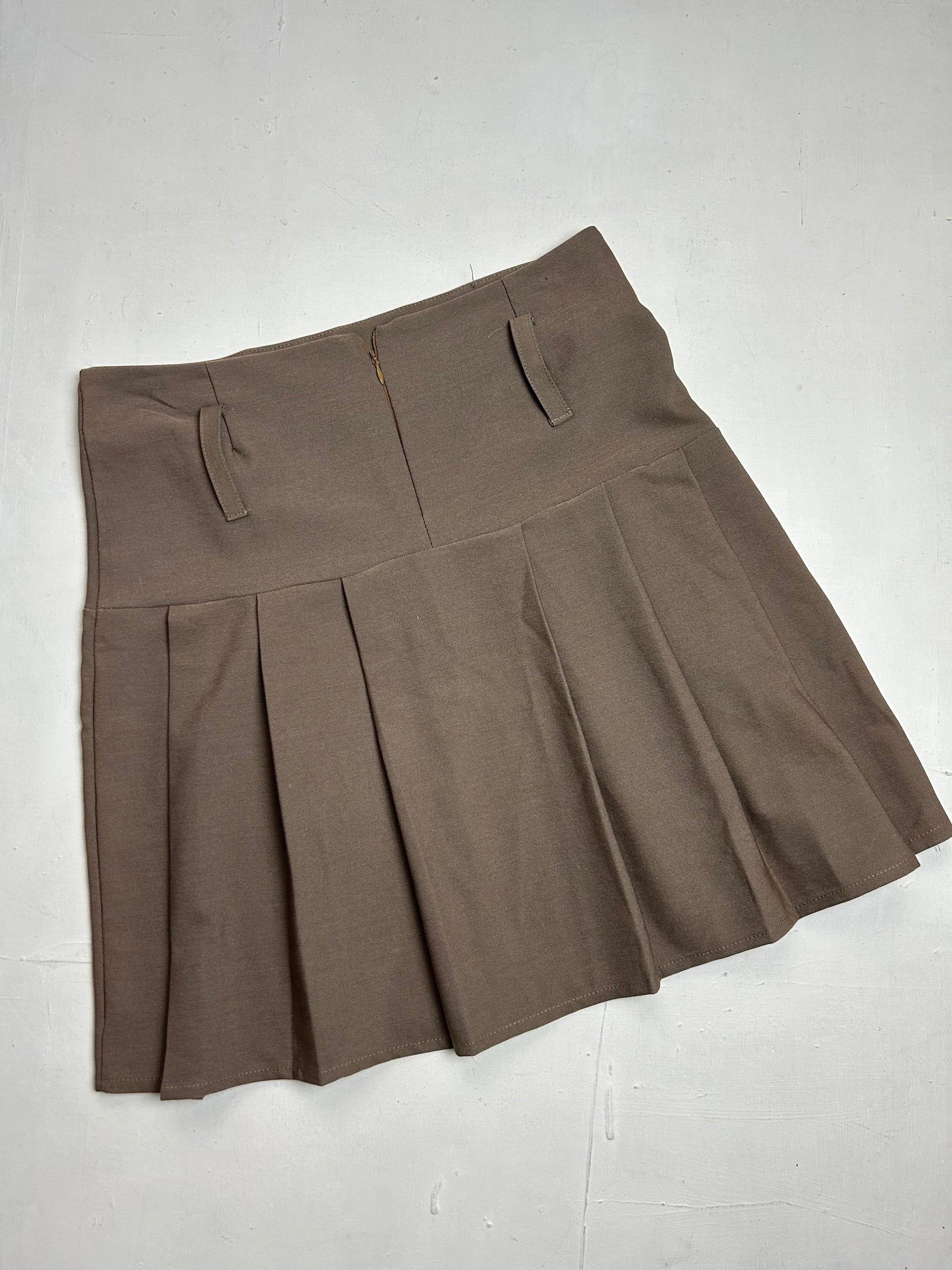 Khaki denim low rise pleated mini skirt (M)