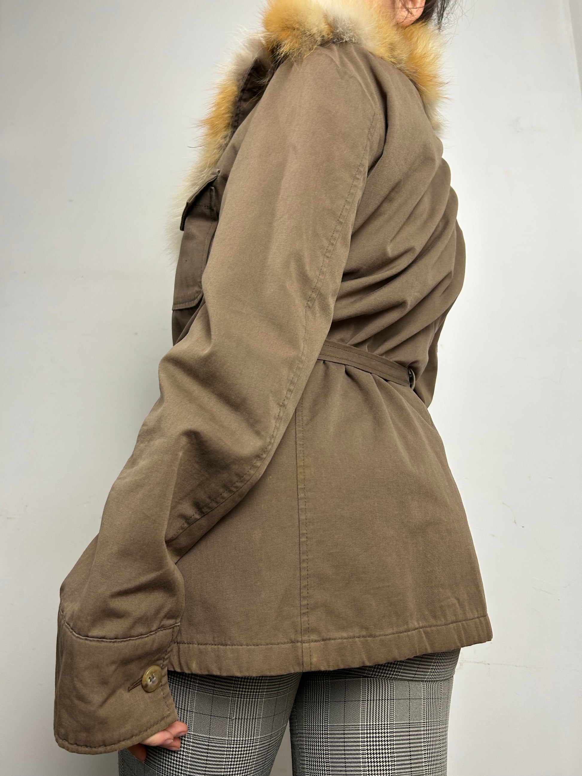 Khaki  y2k zip up real fur jacket (S)