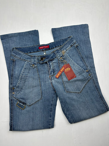 Blue low waist denim cargo bootcut flare pants (S)