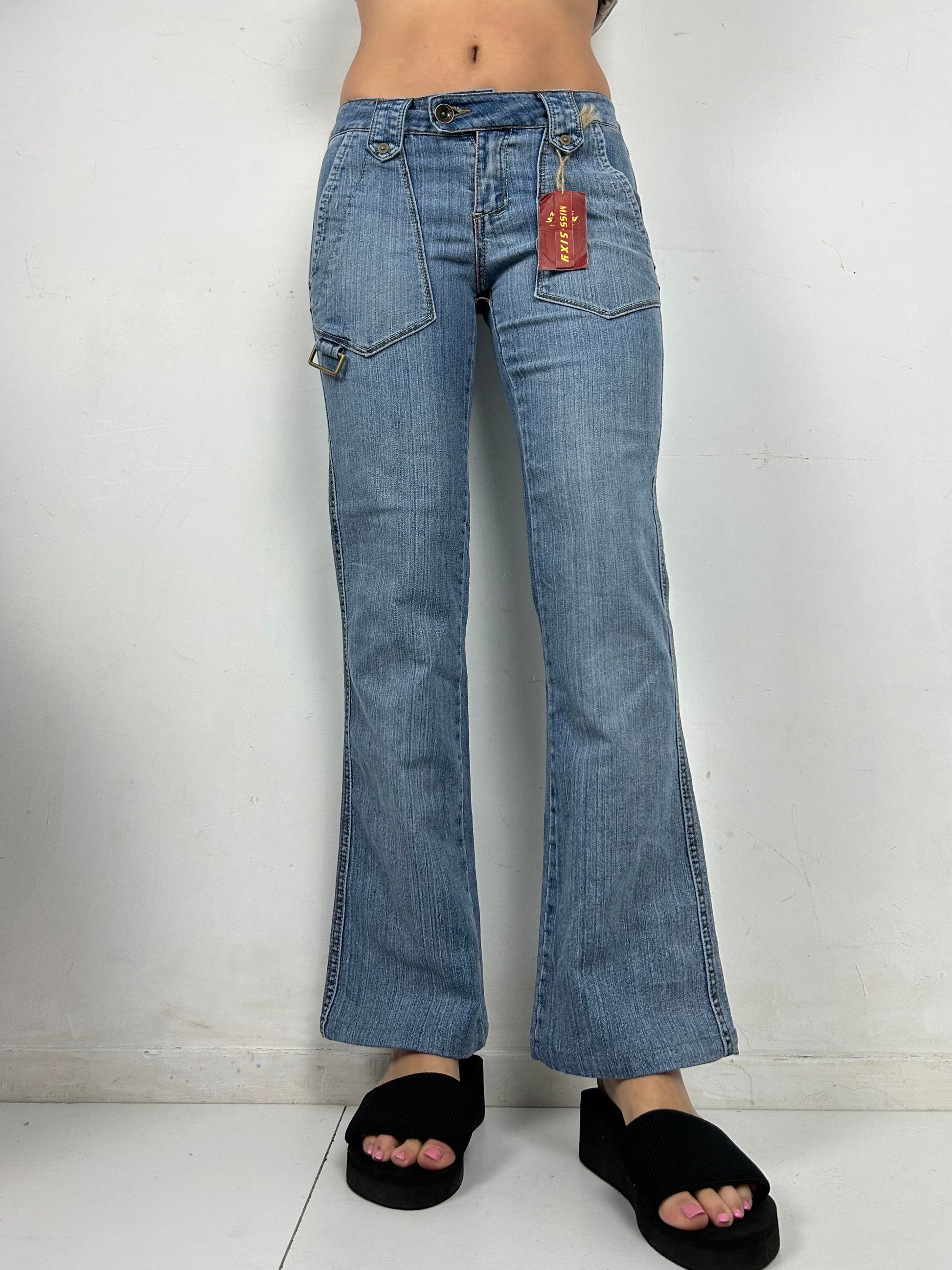 Blue low waist denim cargo bootcut flare pants (S)