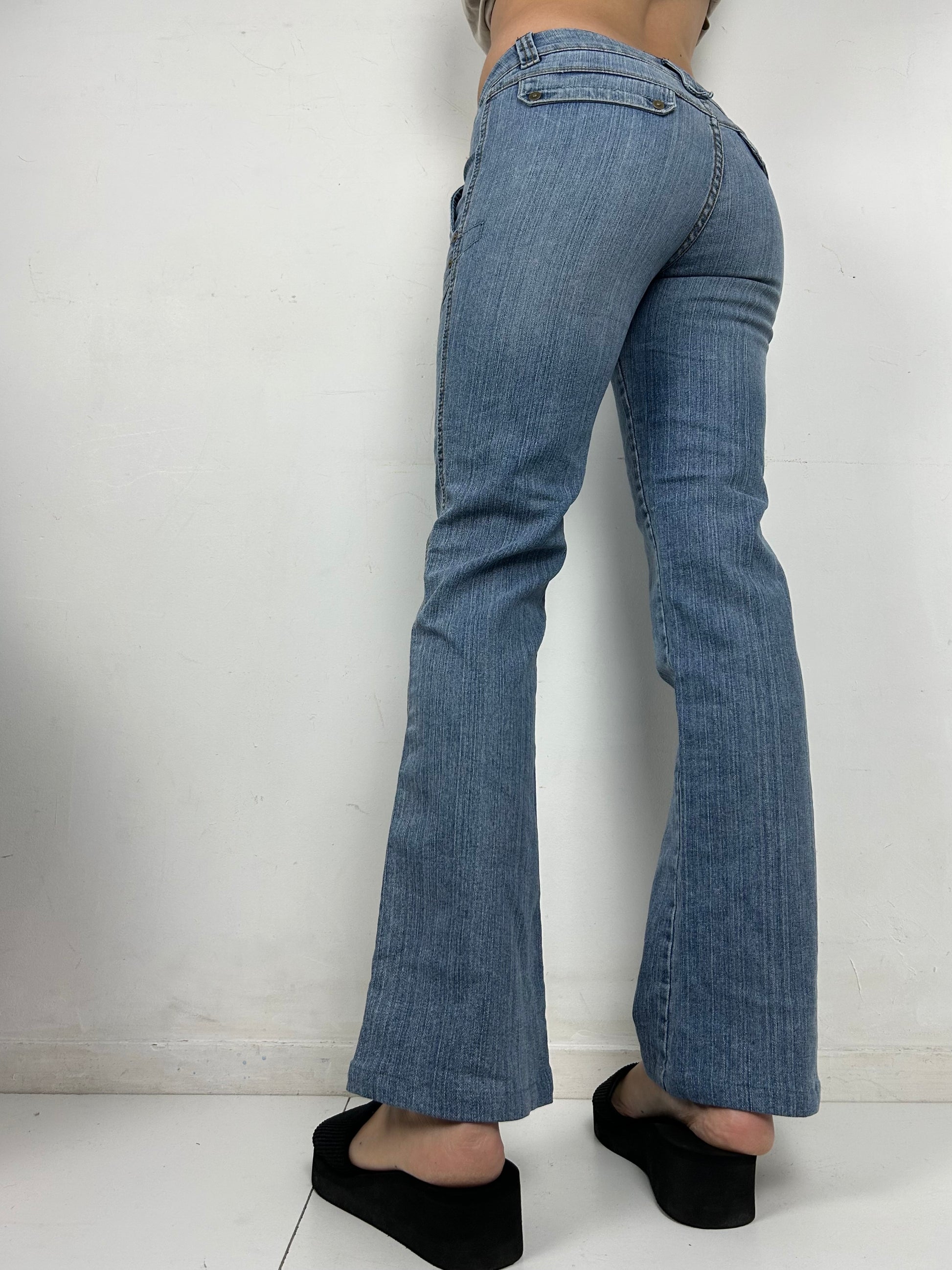 Blue low waist denim cargo bootcut flare pants (S)