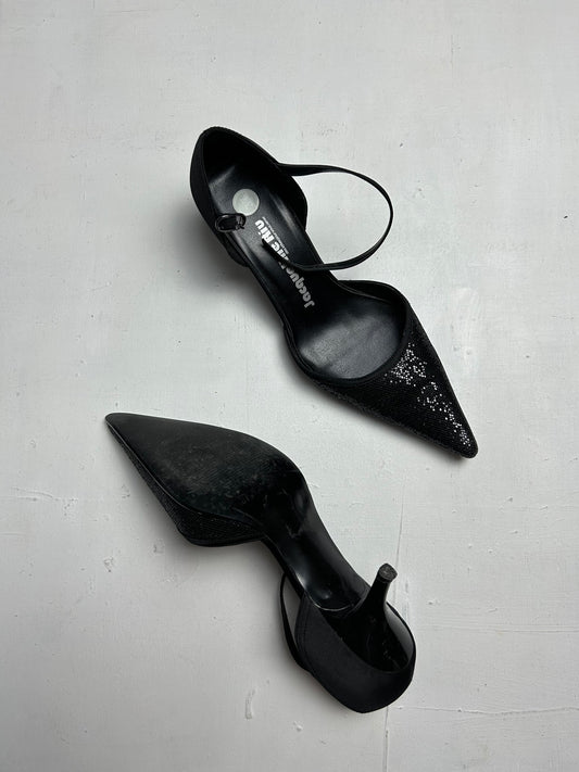 Black glitters pointed toes kitten heels shoes (37)