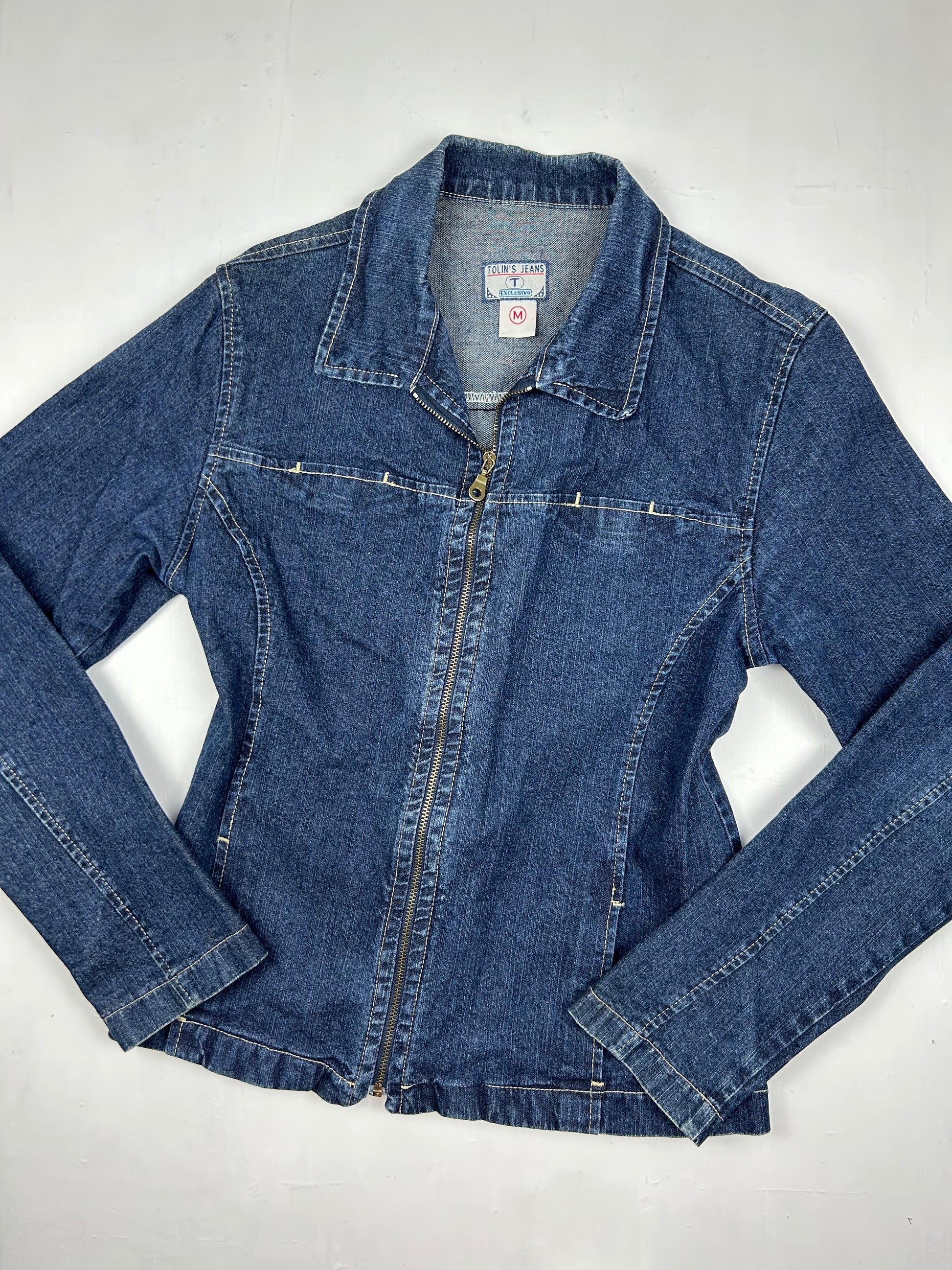 Blue denim zip up biker jacket (S/M)