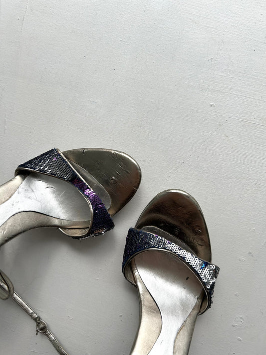 Open toe sequins silver kitten heels sandals (38)