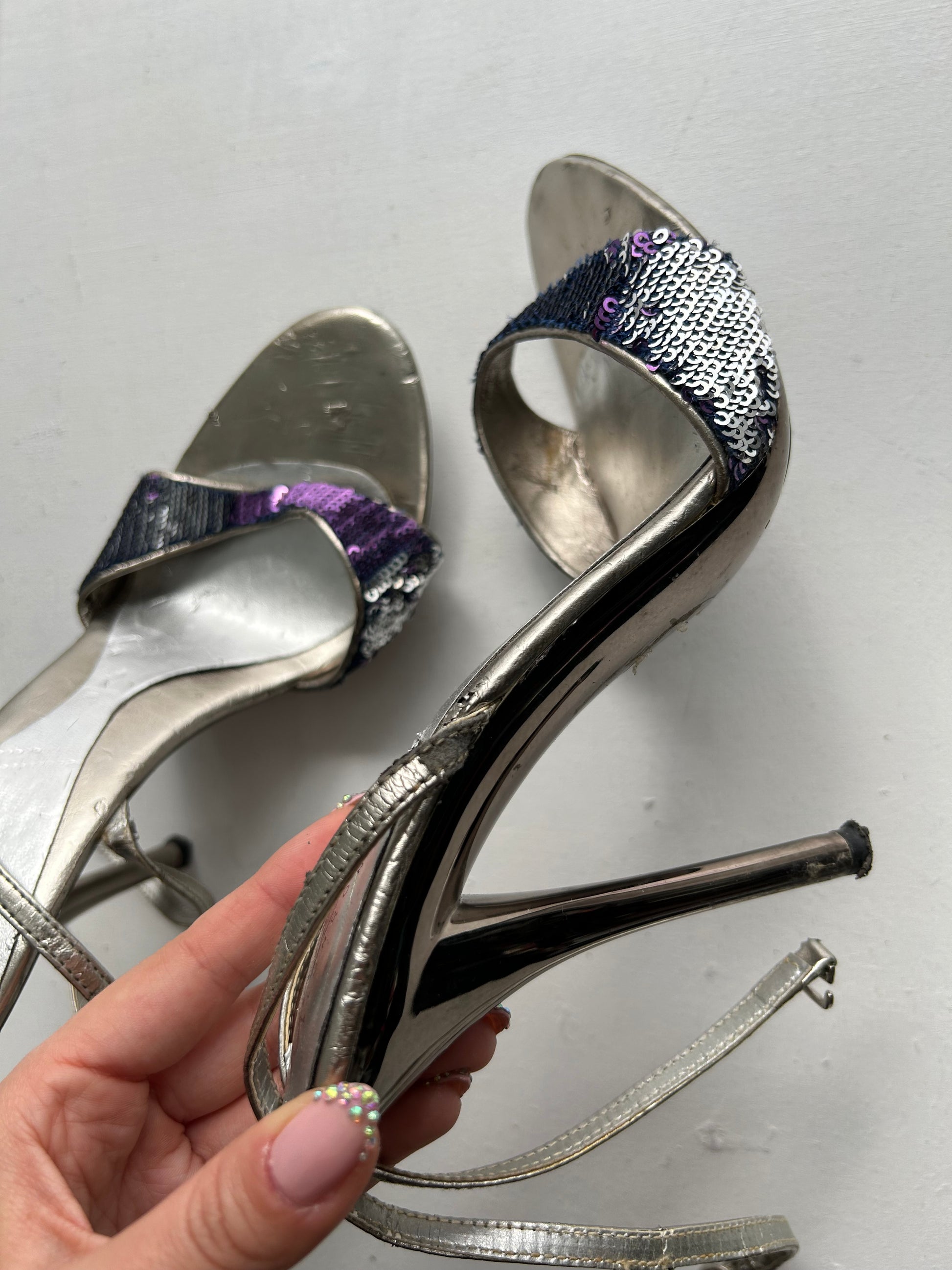 Open toe sequins silver kitten heels sandals (38)