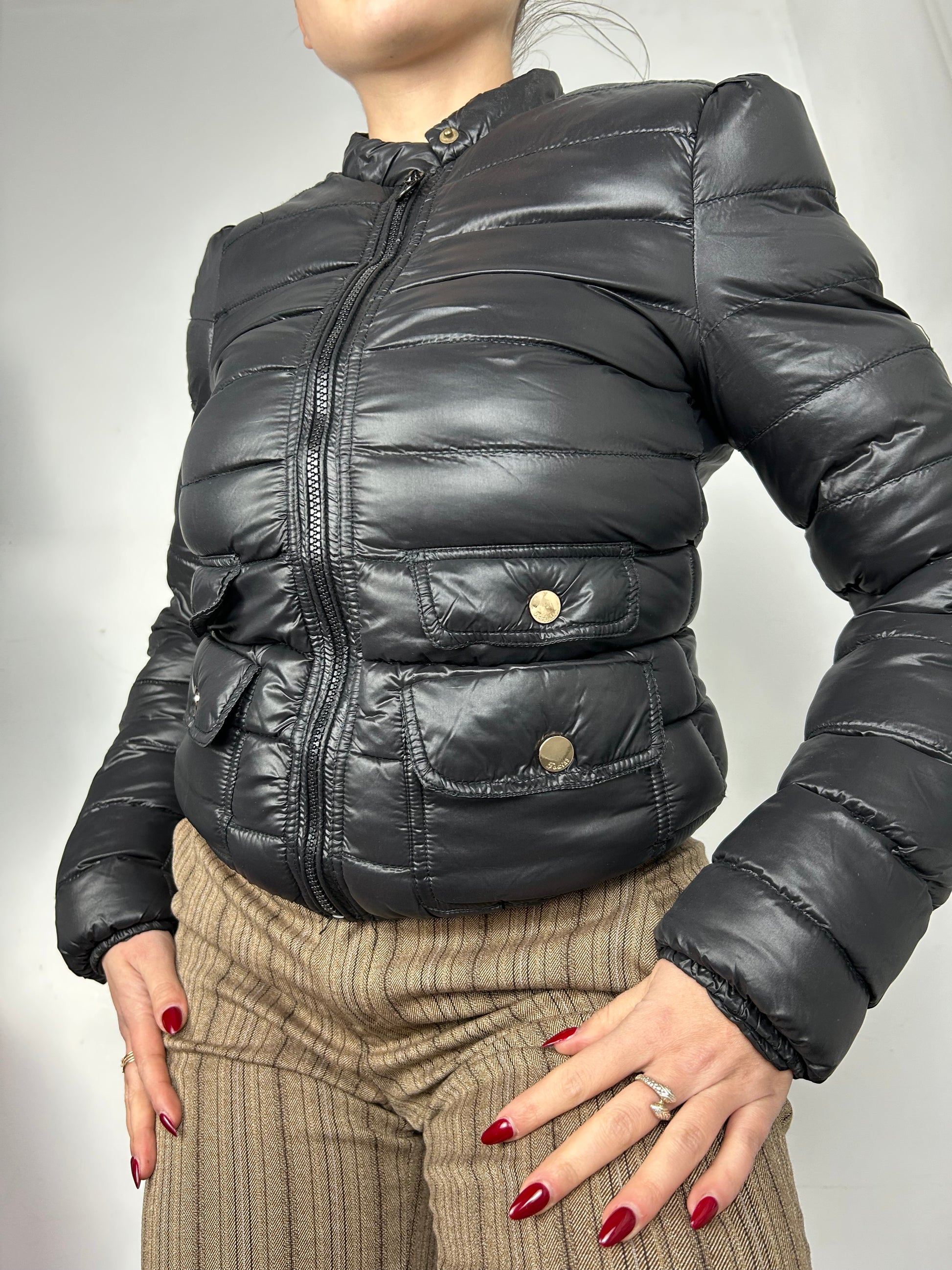 Black puffer zip up biker jacket (S)