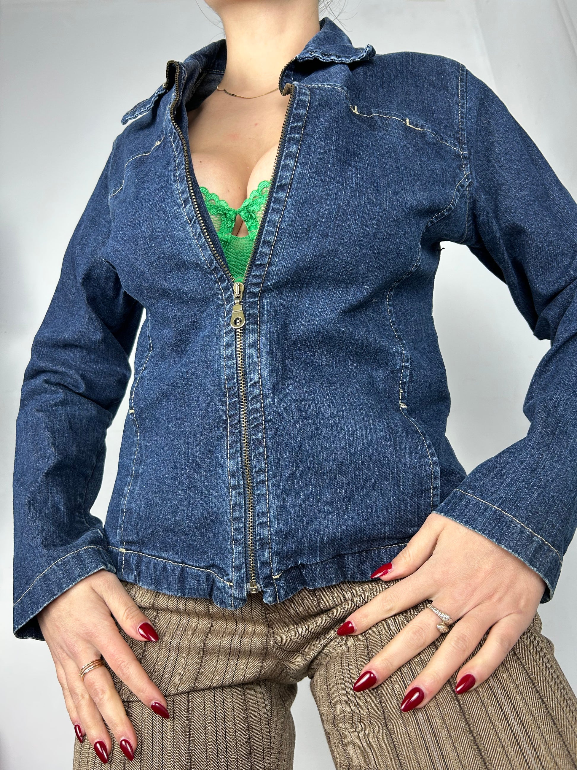 Blue denim zip up biker jacket (S/M)