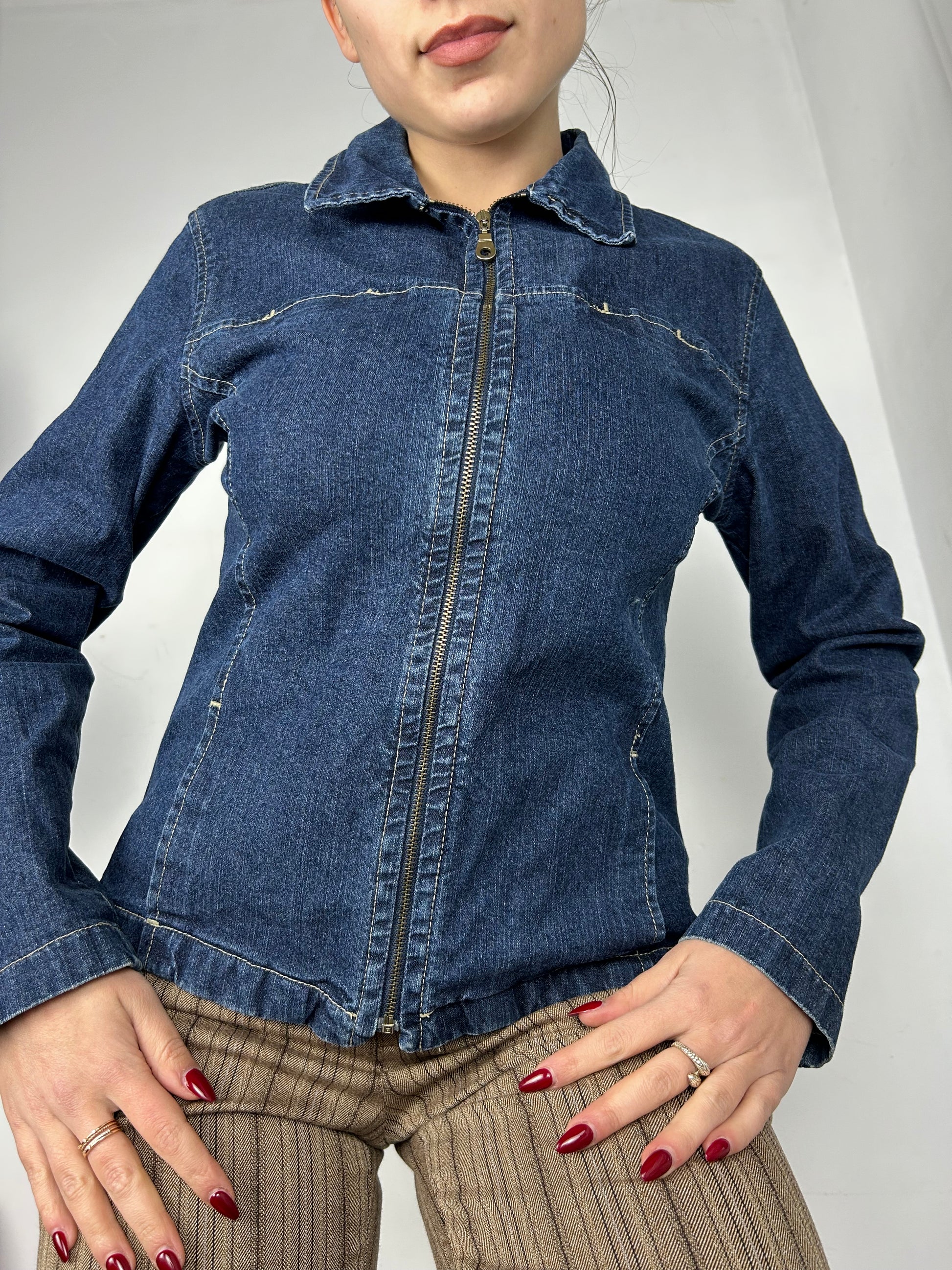 Blue denim zip up biker jacket (S/M)