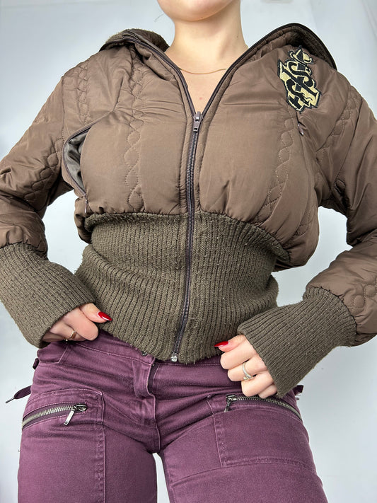 Brown zip up winter puffer jacket (S/M)