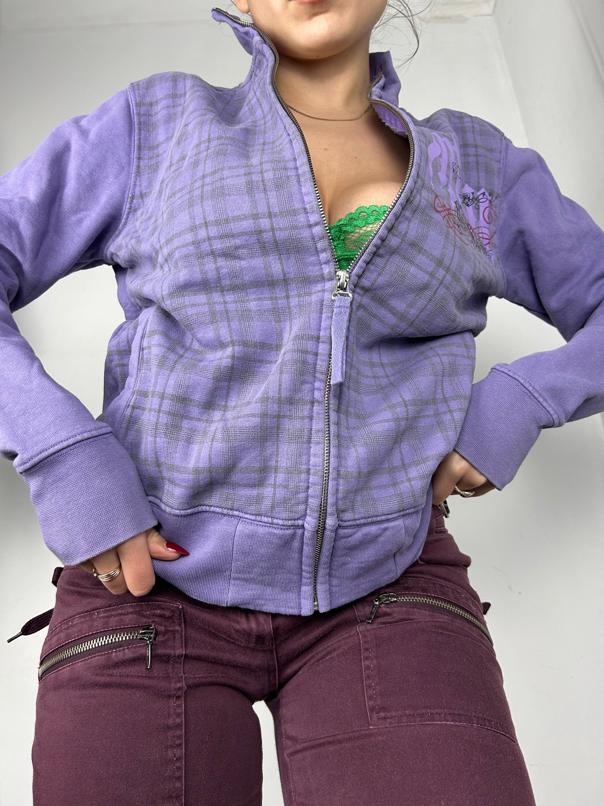 Purple lilac check print zip up sweatshirt (M)