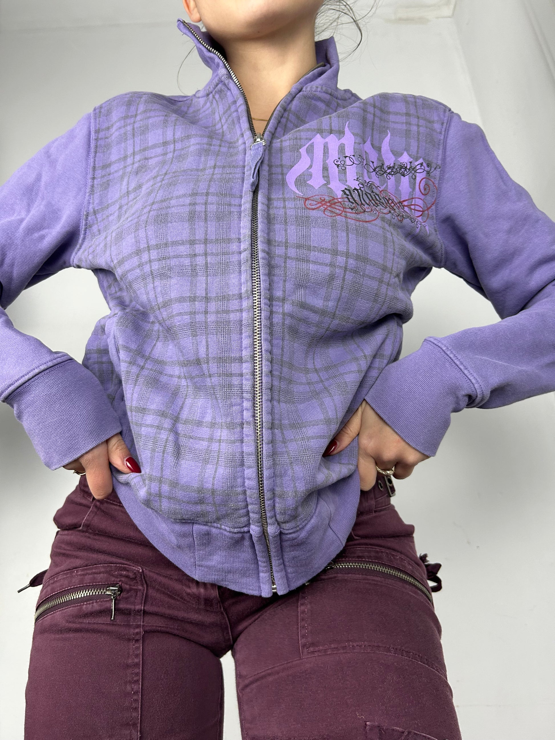 Purple lilac check print zip up sweatshirt (M)