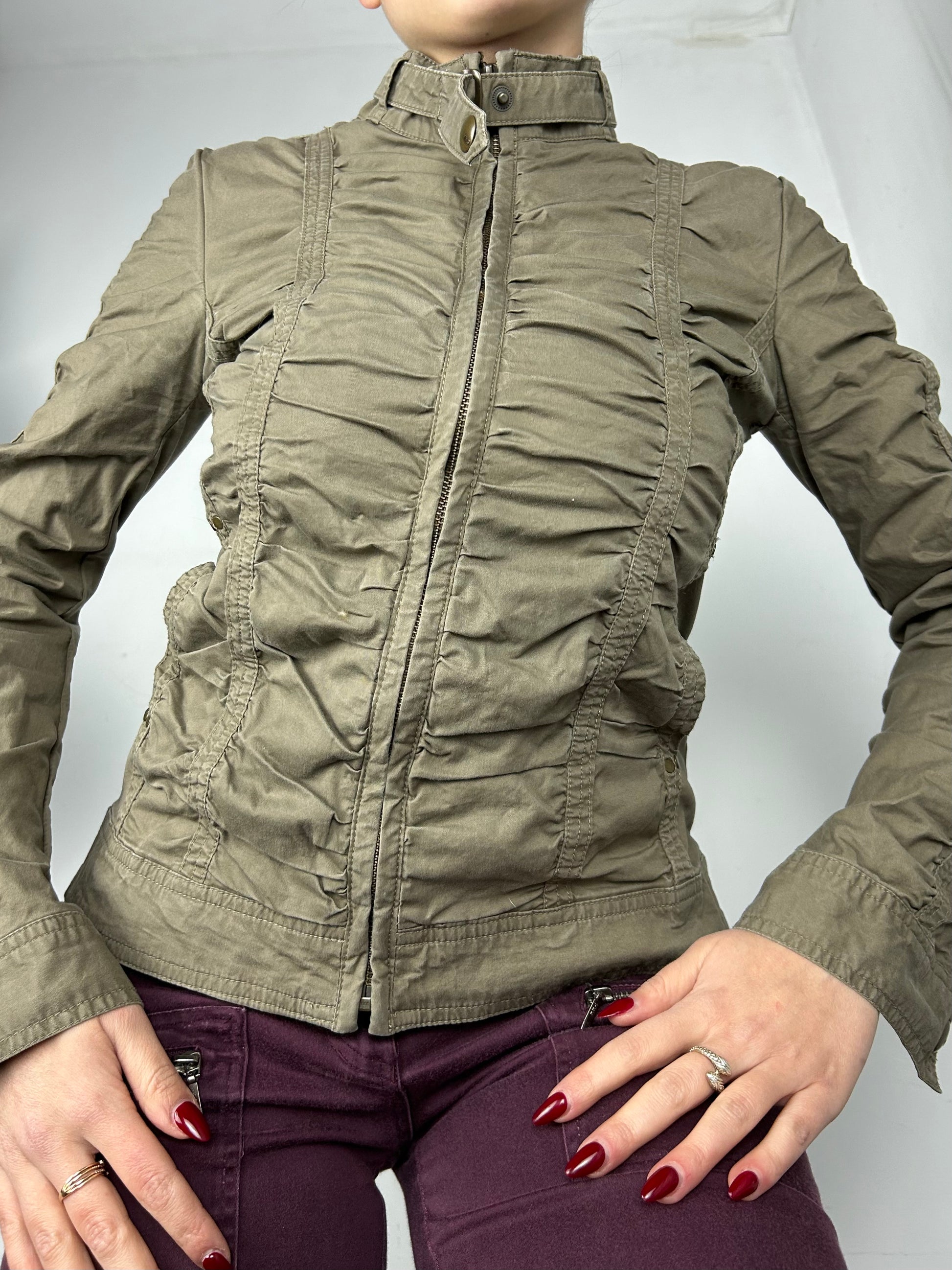 Khaki ruched zip up biker jacket (XS)