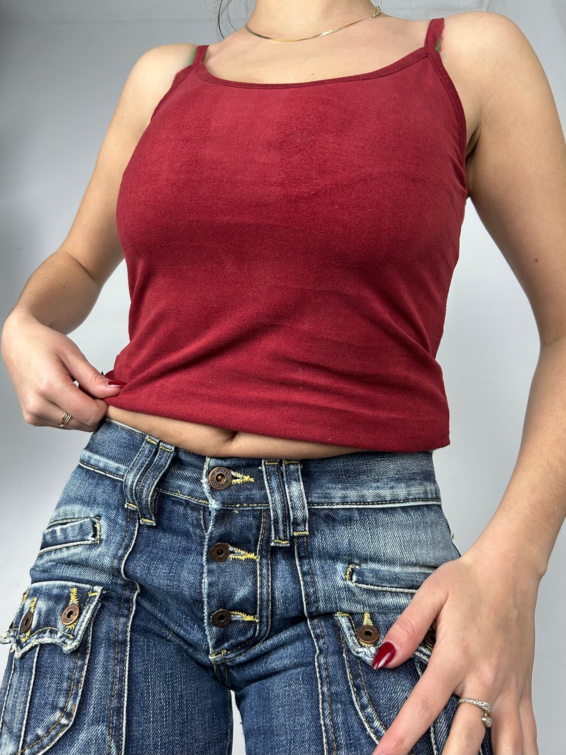 Burgundy red suede cami top + fur neck cardigan (S/M)