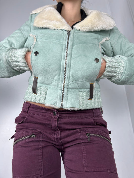 Baby blue suede faux fur winter coat (S/M)