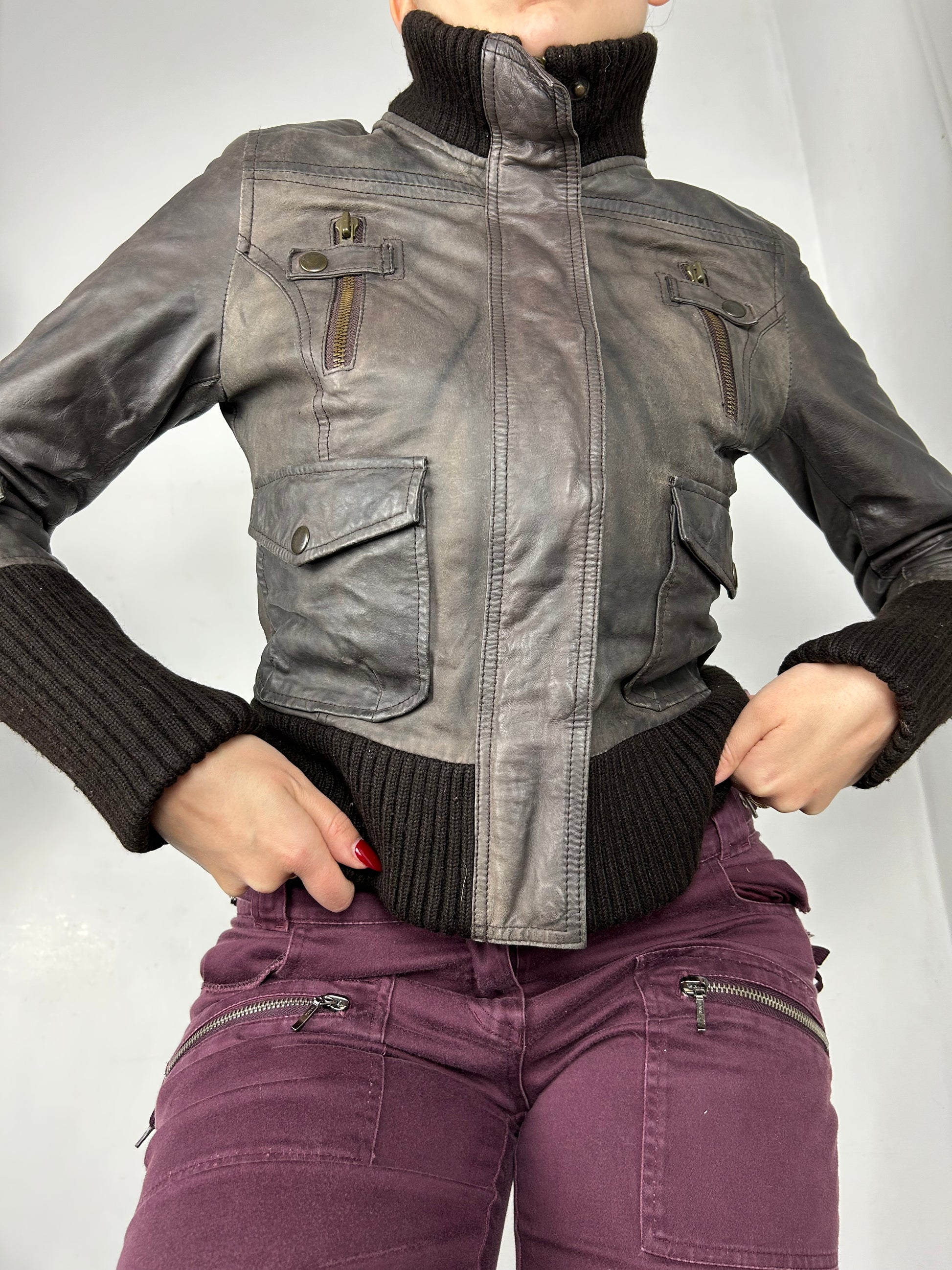 Brown 100% real leather biker jacket (XS)