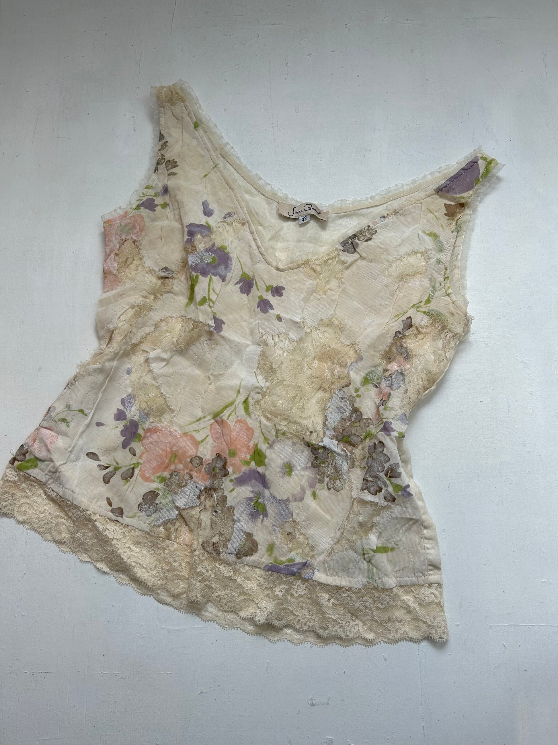 Beige floral print linen top (L)