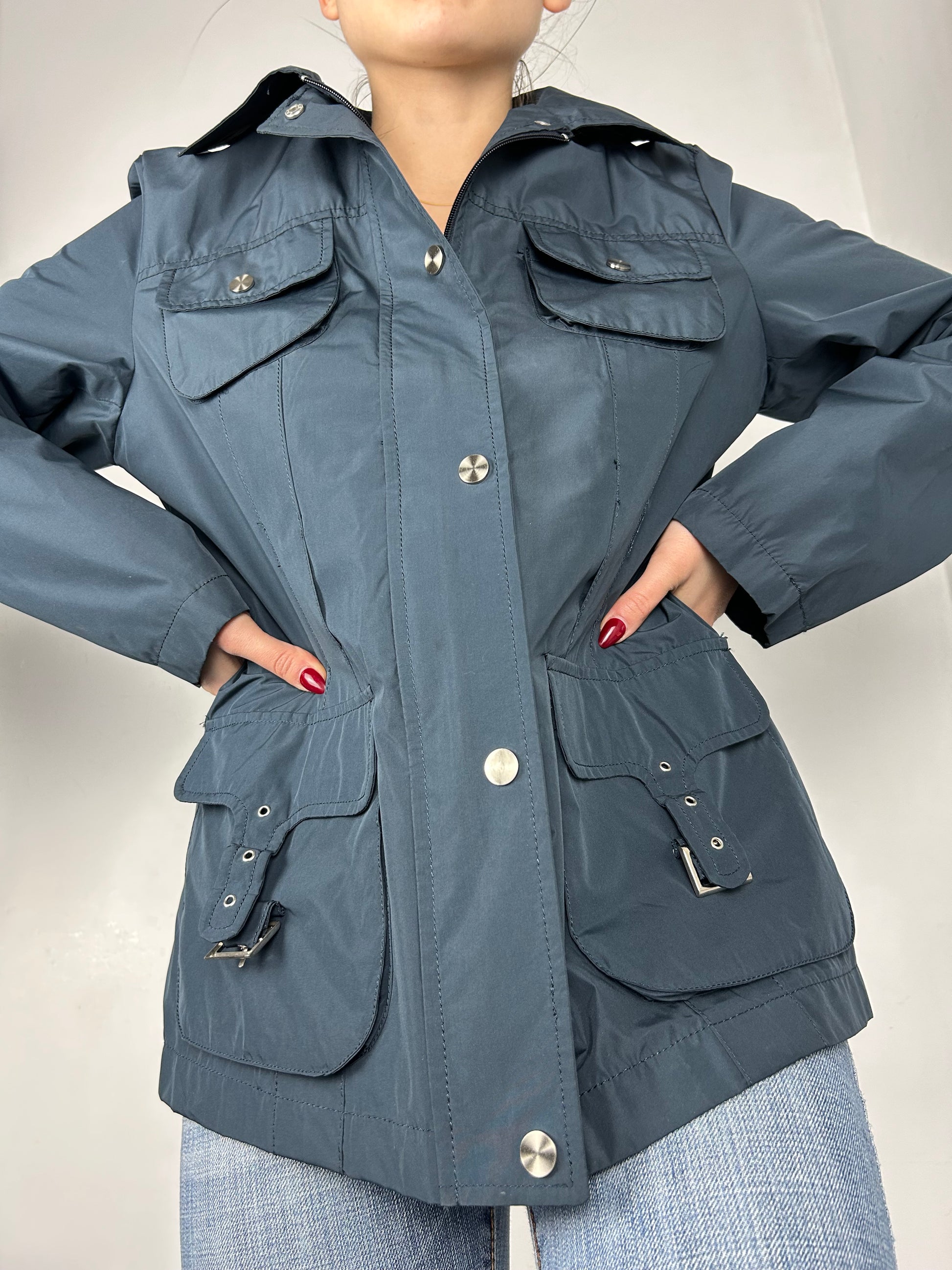 Navy blue zip up trench jacket (L)