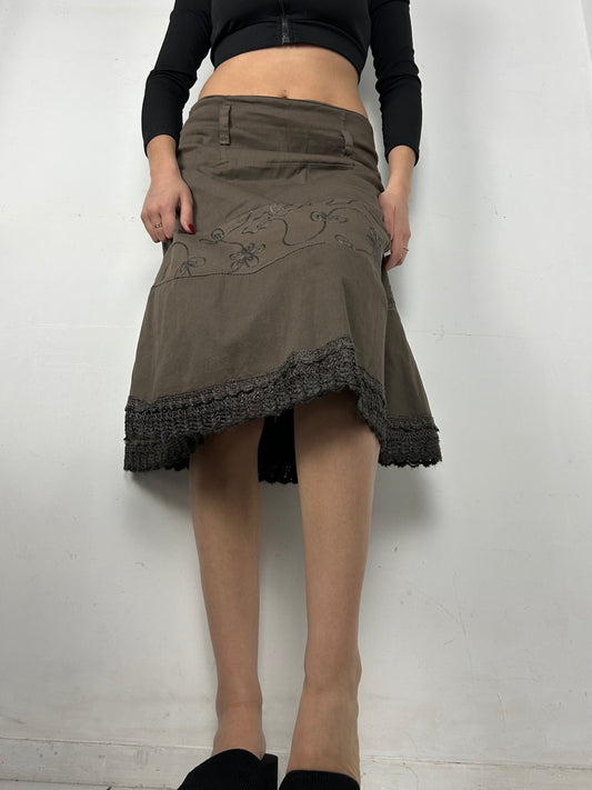 Brown cotton embroidered low rise mid skirt (M)