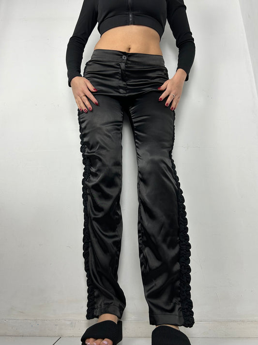 Black satin effect low rise bootcut office pants (M)