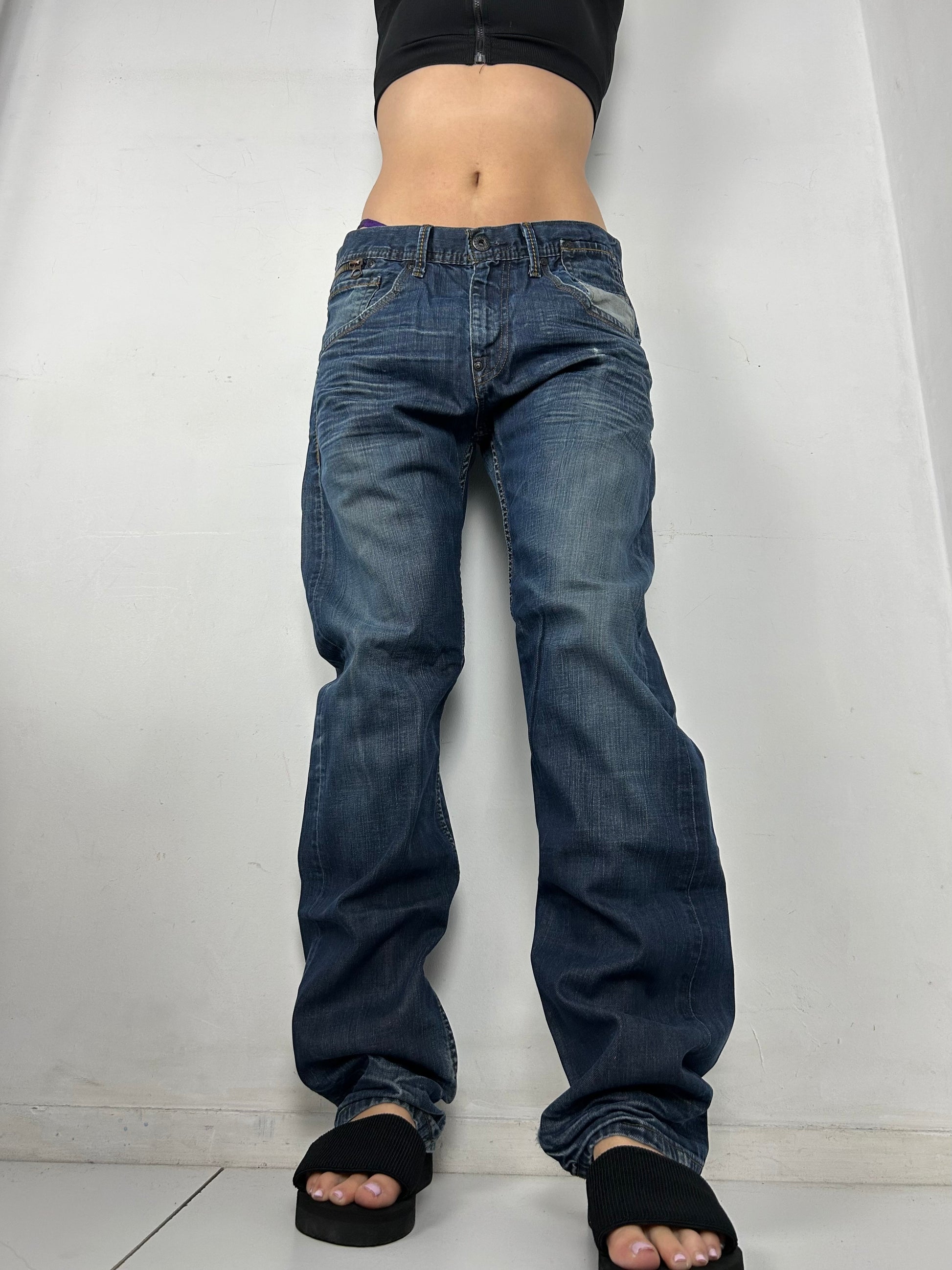 Navy blue low rise baggy denim pants (L)