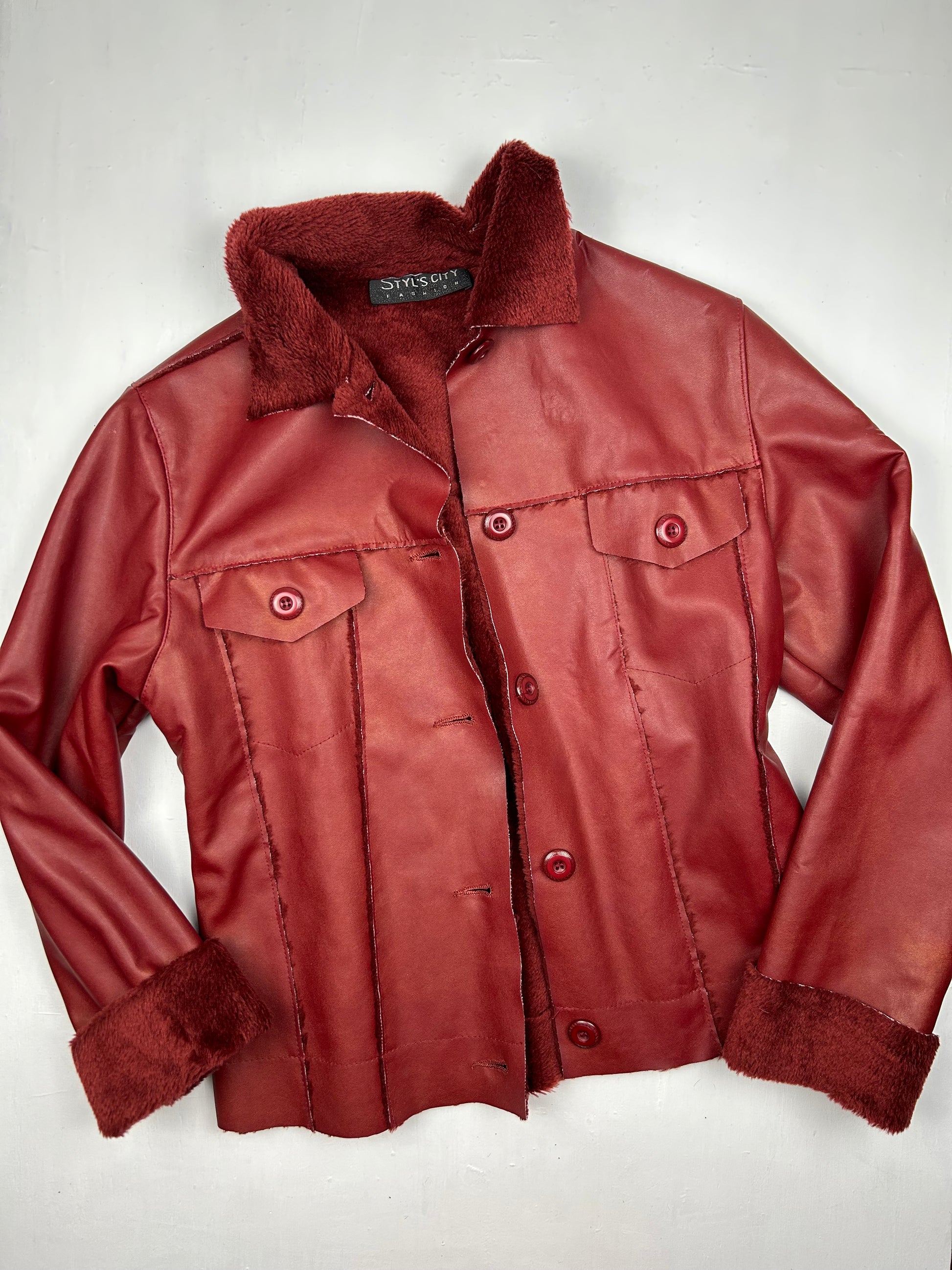 Burgundy red pvc leather faux fur fleece jacket (S/M)