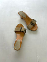 Load image into Gallery viewer, Khaki utility belt platform wood heels mules sandals (37)