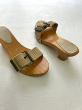 Load image into Gallery viewer, Khaki utility belt platform wood heels mules sandals (37)