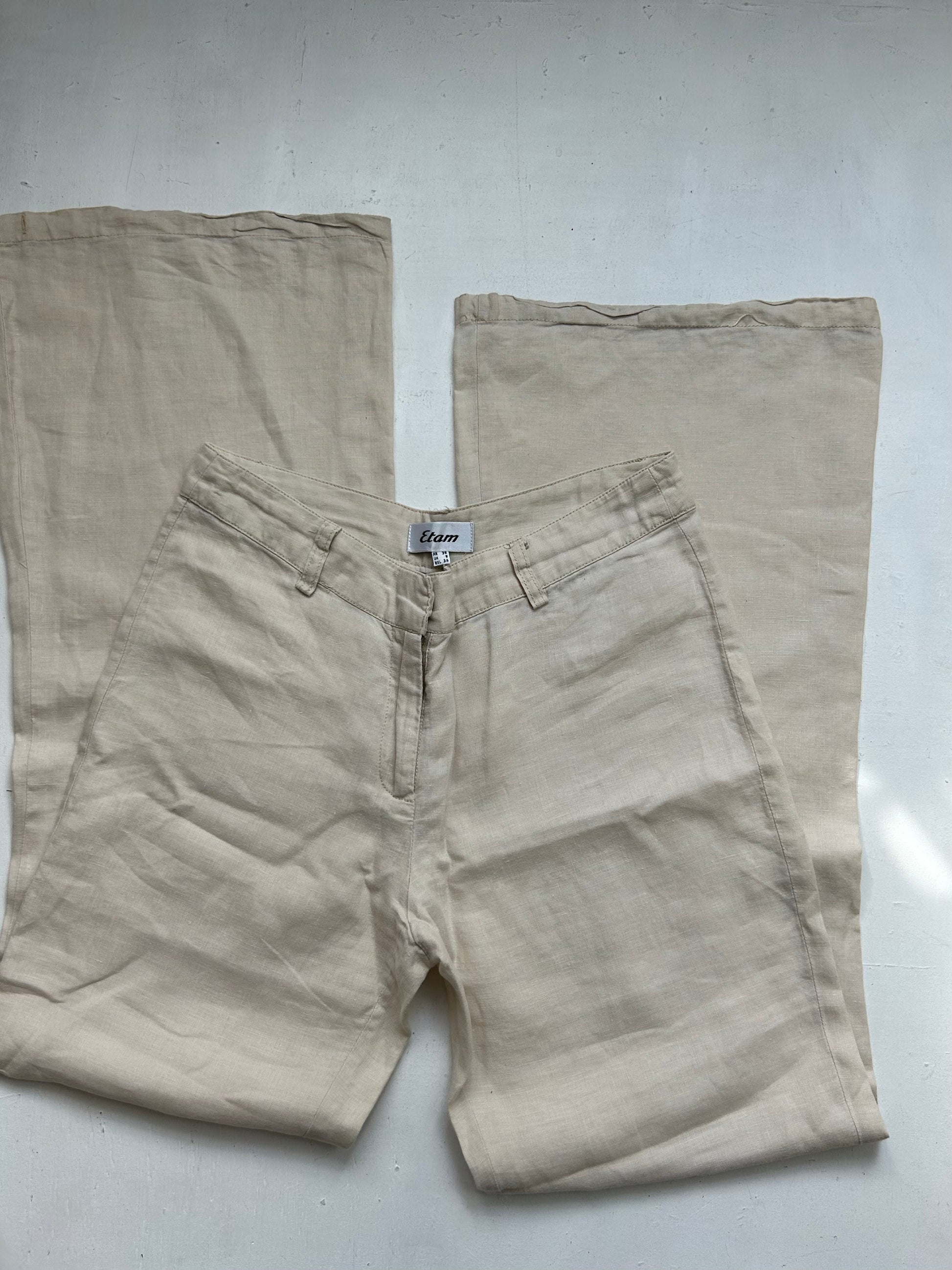 Beige cream linen  low waist baggy flare / bootcut pants (S)