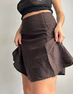 Brown linen mid rise pleated mid skirt 90s y2k vintage (S)