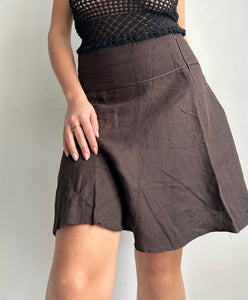 Brown linen mid rise pleated mid skirt 90s y2k vintage (S)