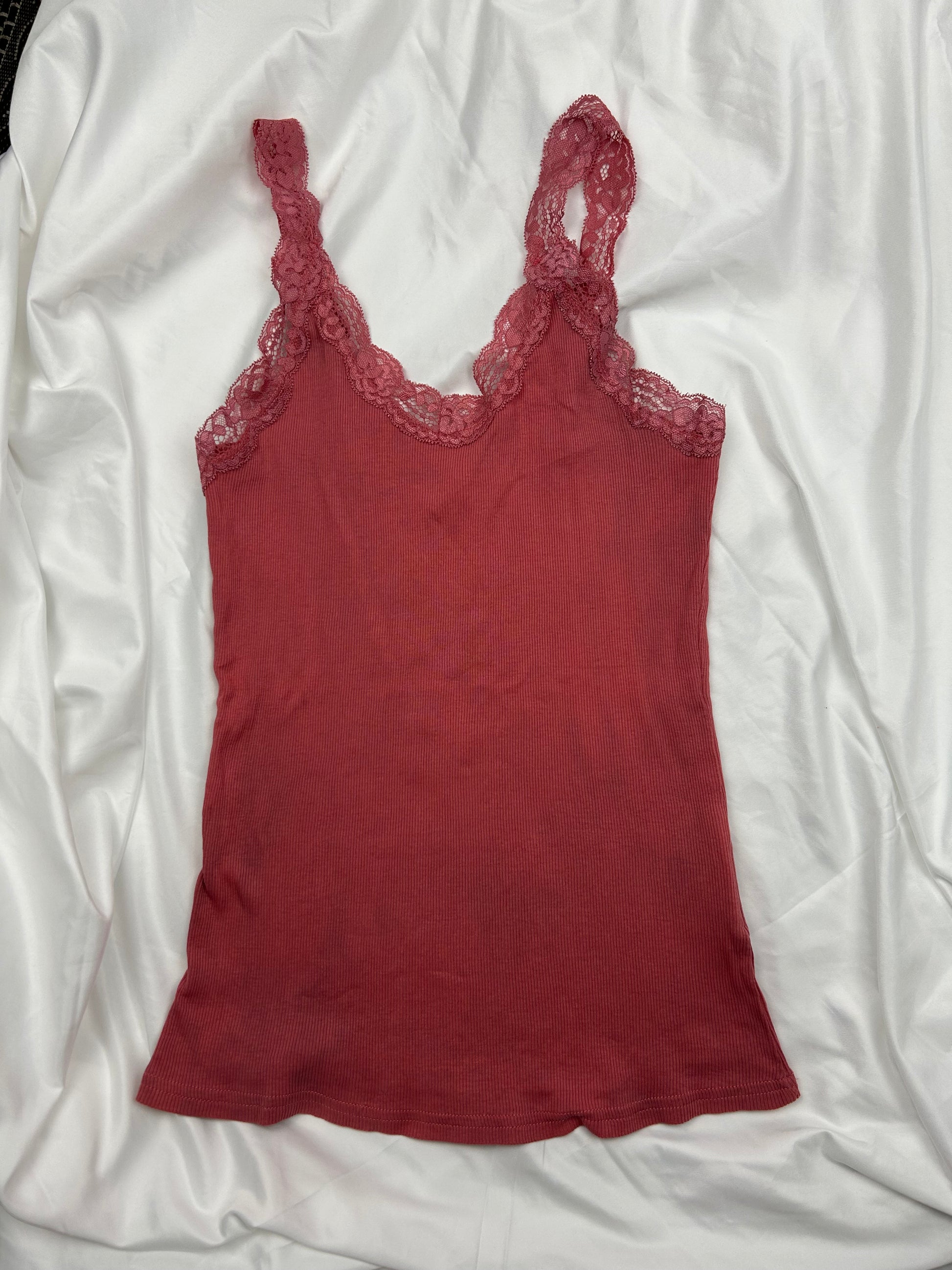 Pink stretchy lace straps cami top (S)