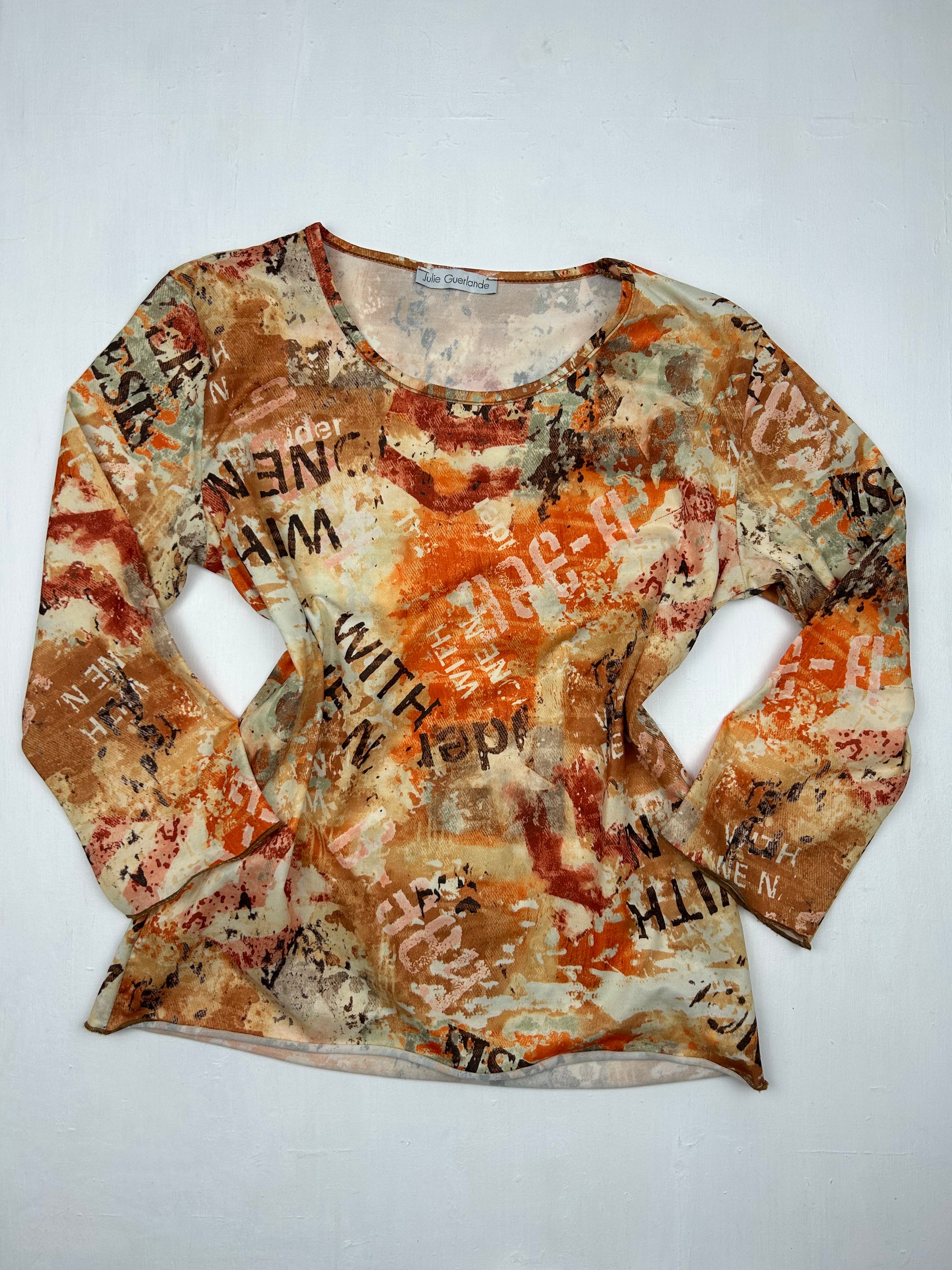 Orange beige graphic print long sleeves top (M)