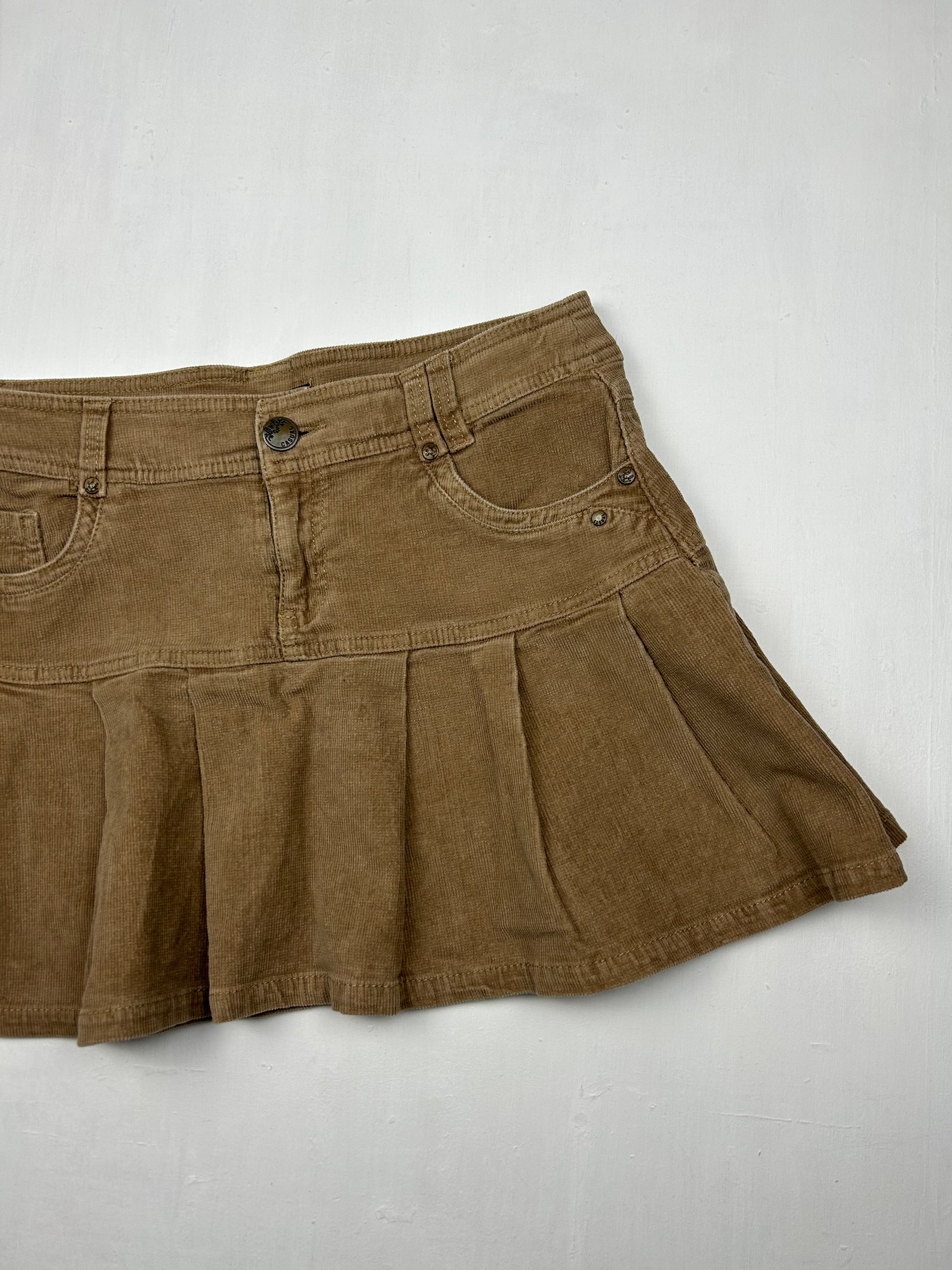 Beige velvet denim pleated low rise mini skirt (S)