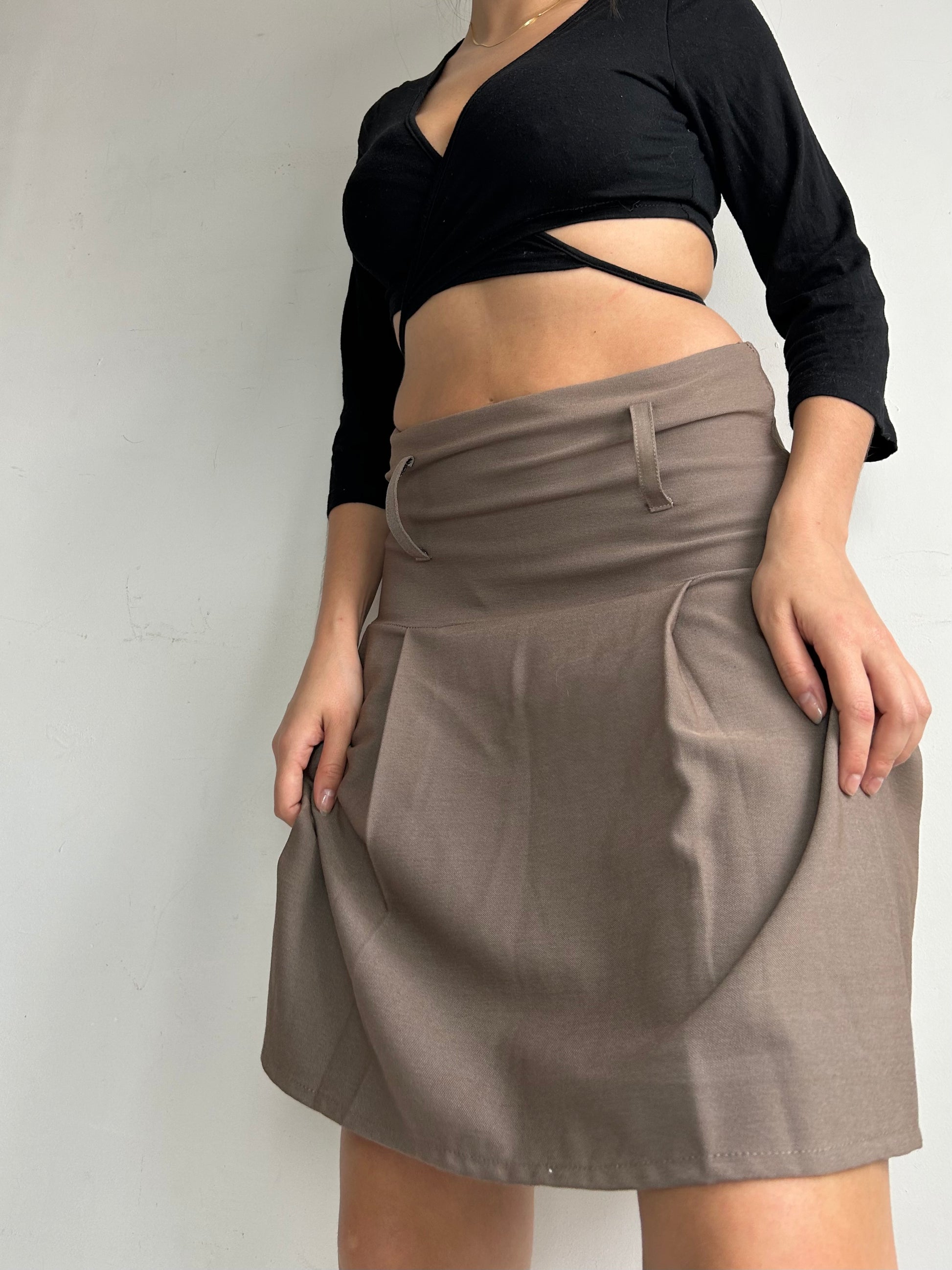 Khaki denim low rise pleated mini skirt (M)