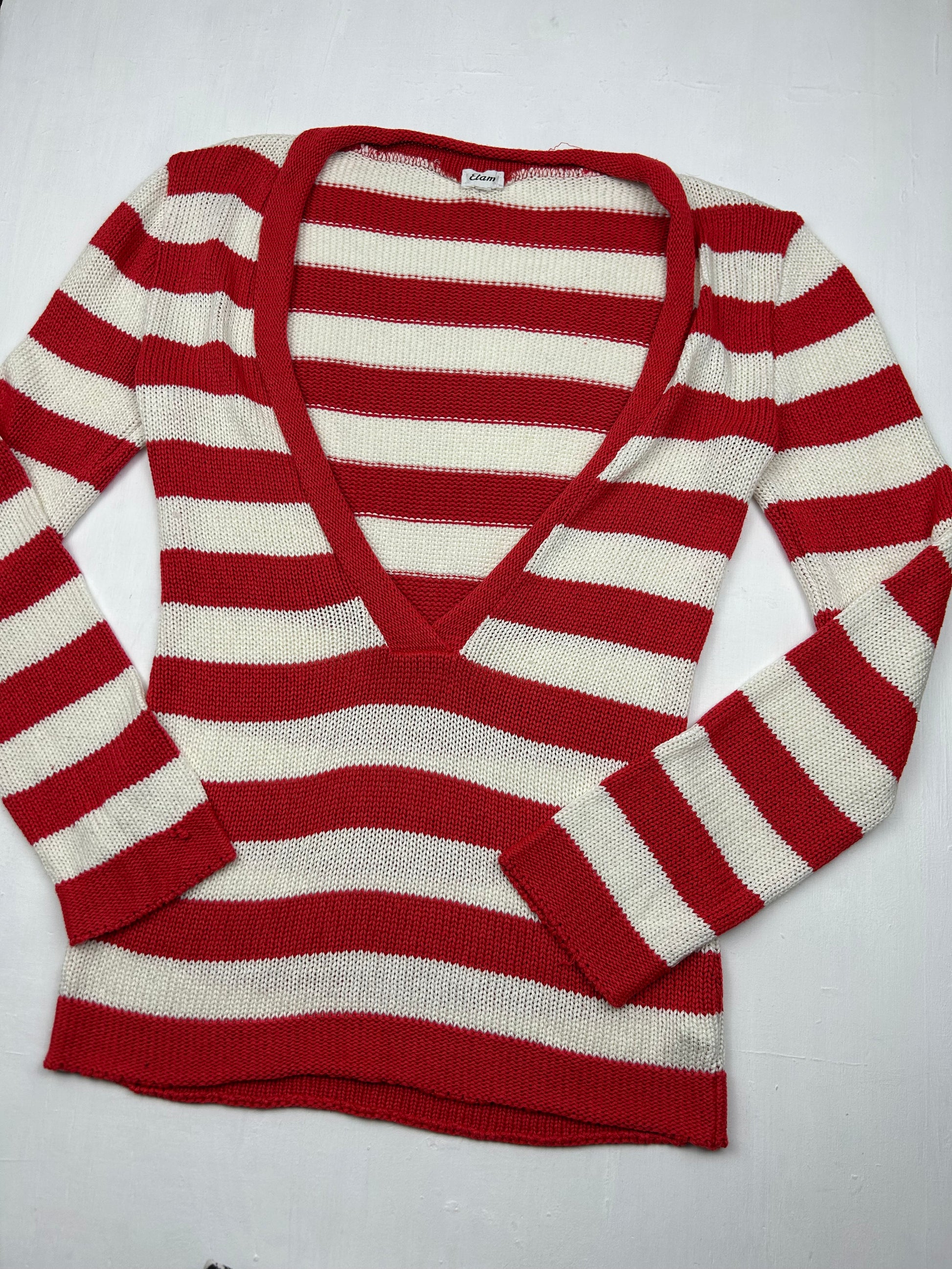 Red V neck striped jumper (M)