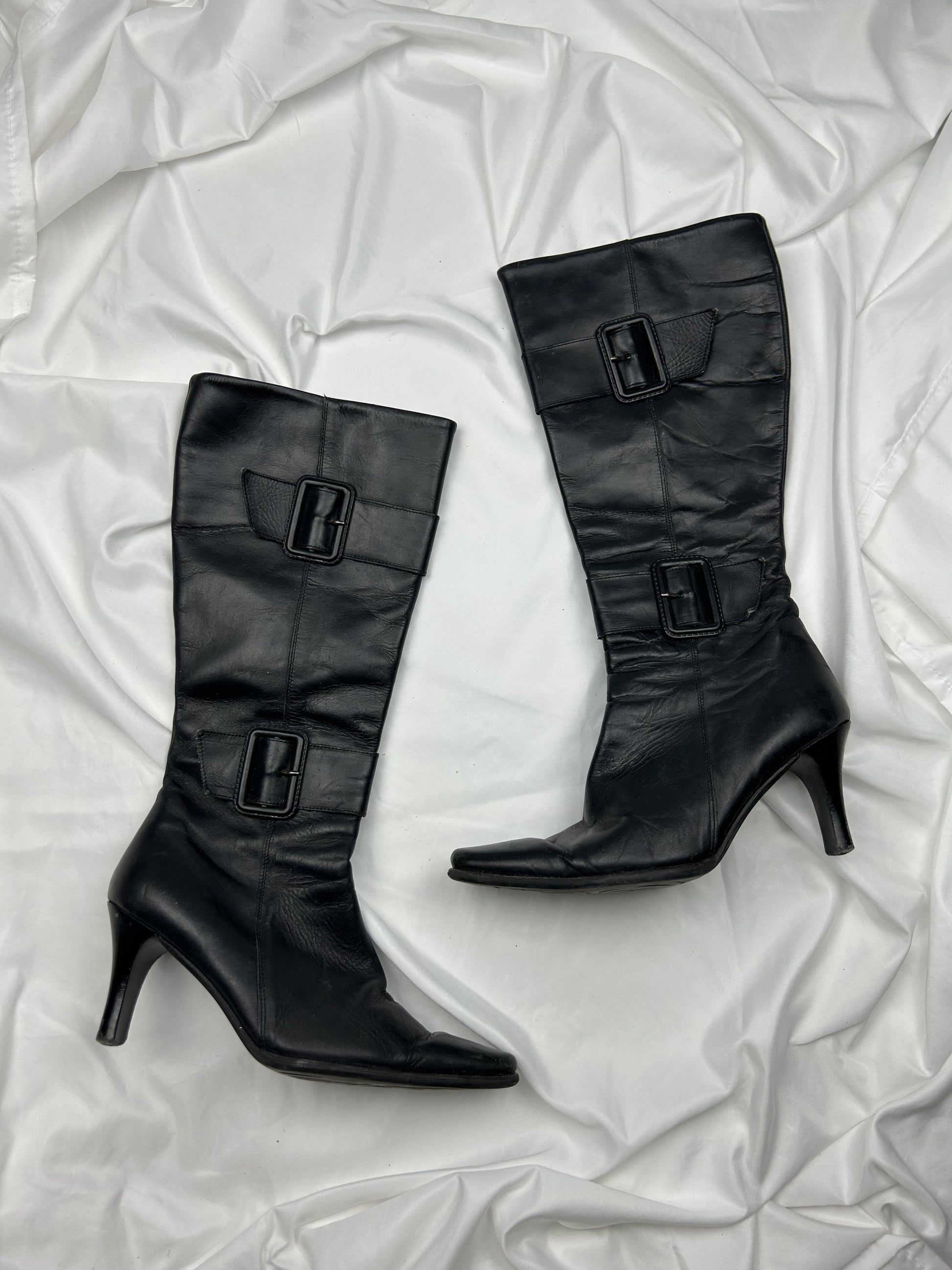 Black pointed toes leather knee high boots (37)