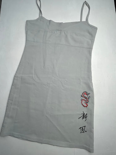 Grey stretchy Chinese graphic  print Y2K vintage mini dress (S)