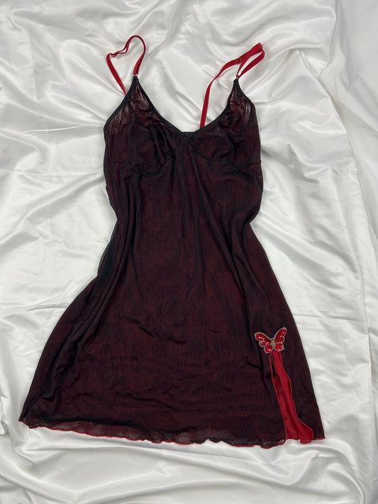 Red lace mesh babydoll mini dress (S/M)