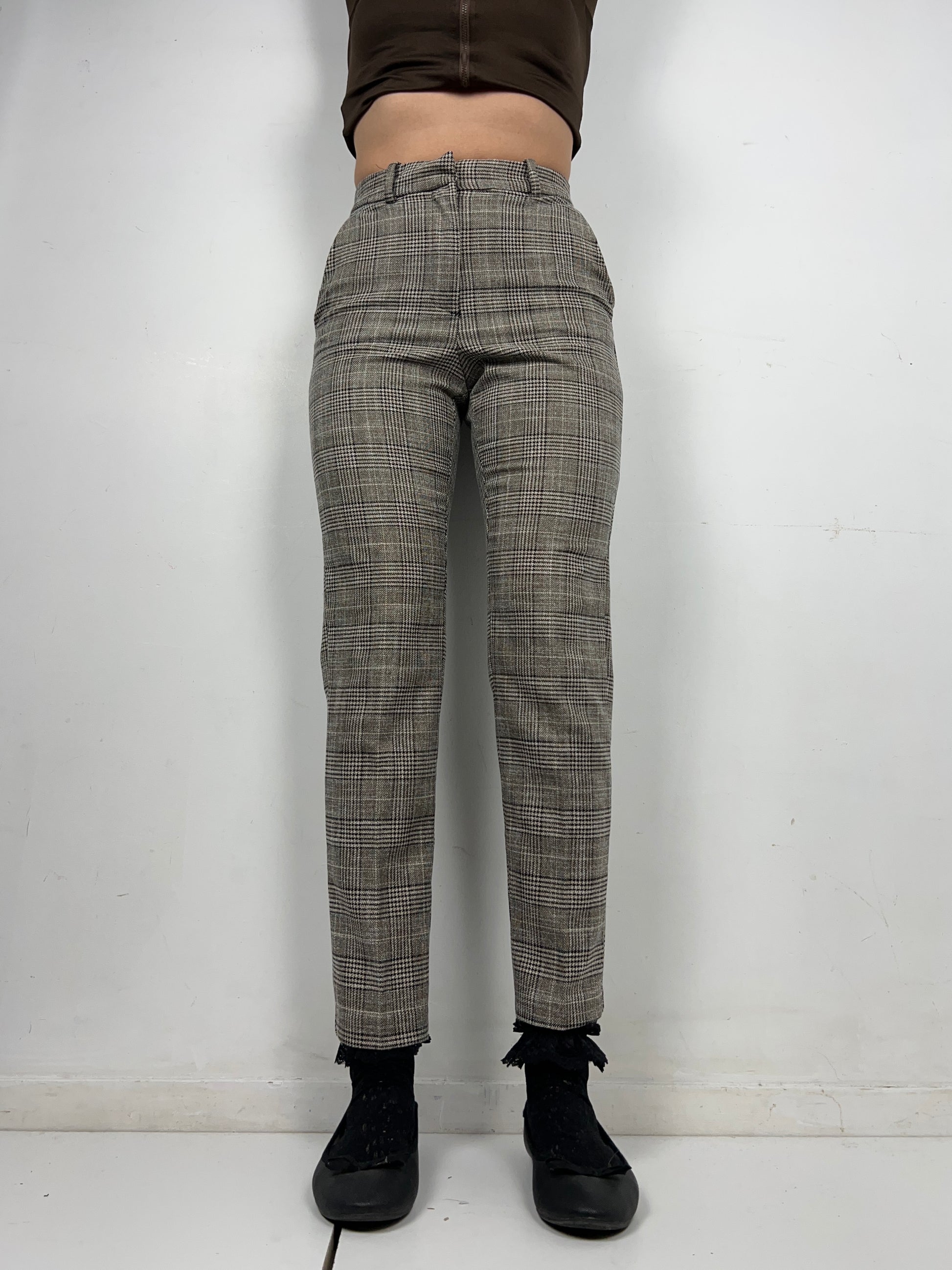 Grey check print office pants (S)