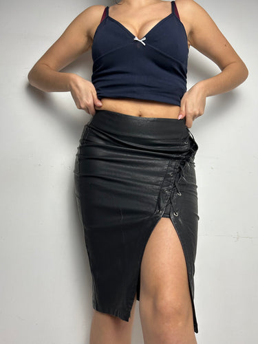 Black simili leather lace up mid skirt 90s y2k vintage (S)