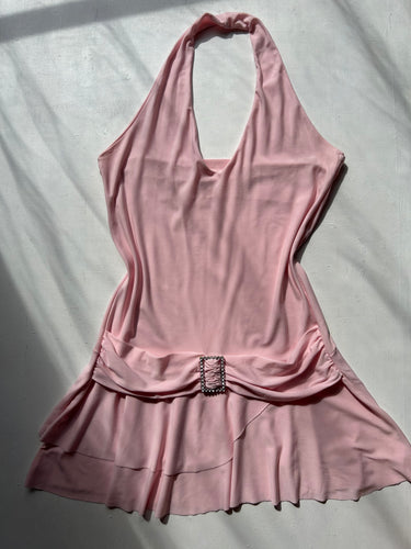 Baby pink stretchy Y2K vintage backless mini dress (S)
