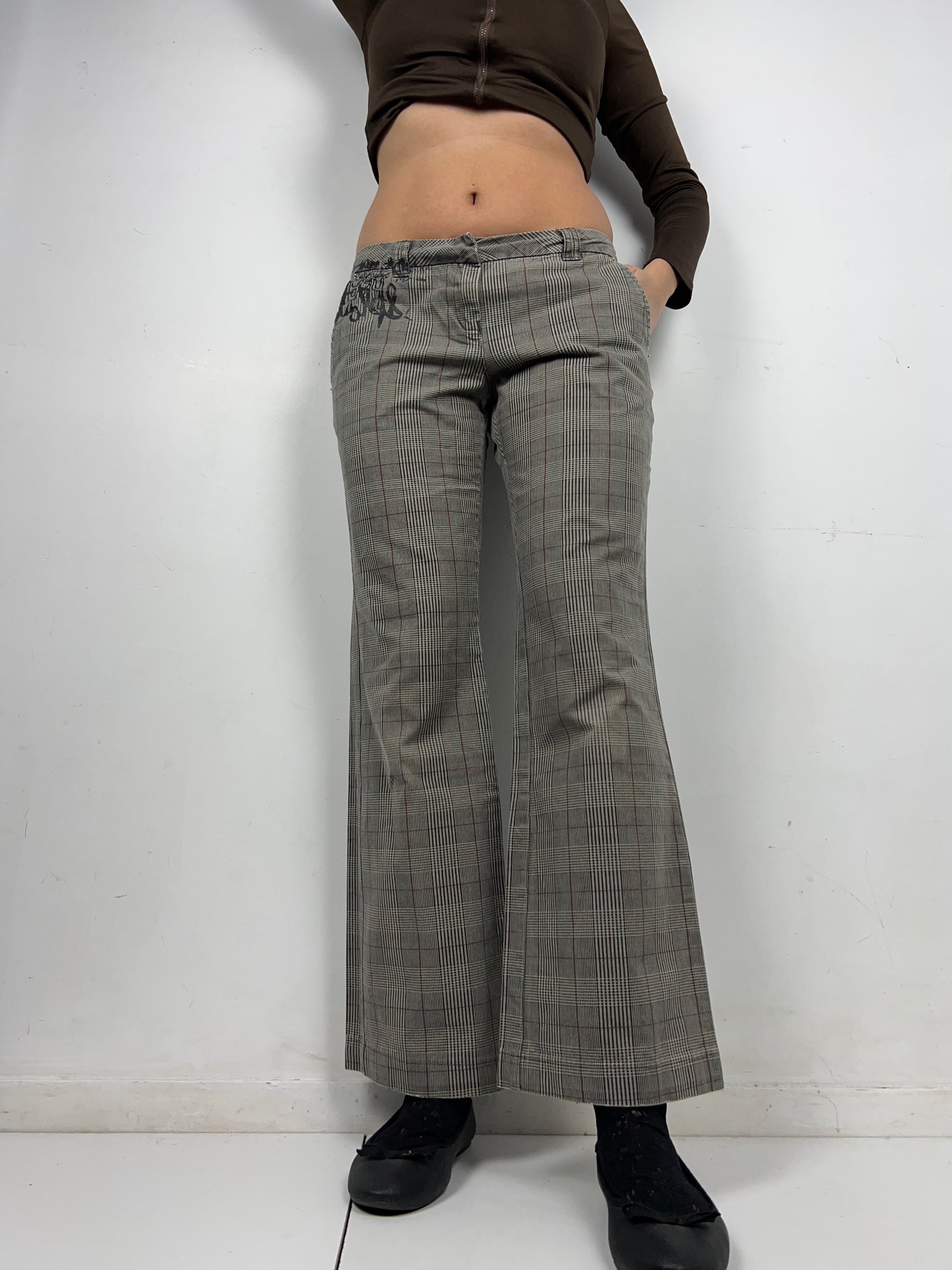 Brown check print low rise bootcut/ flare office pants (M)